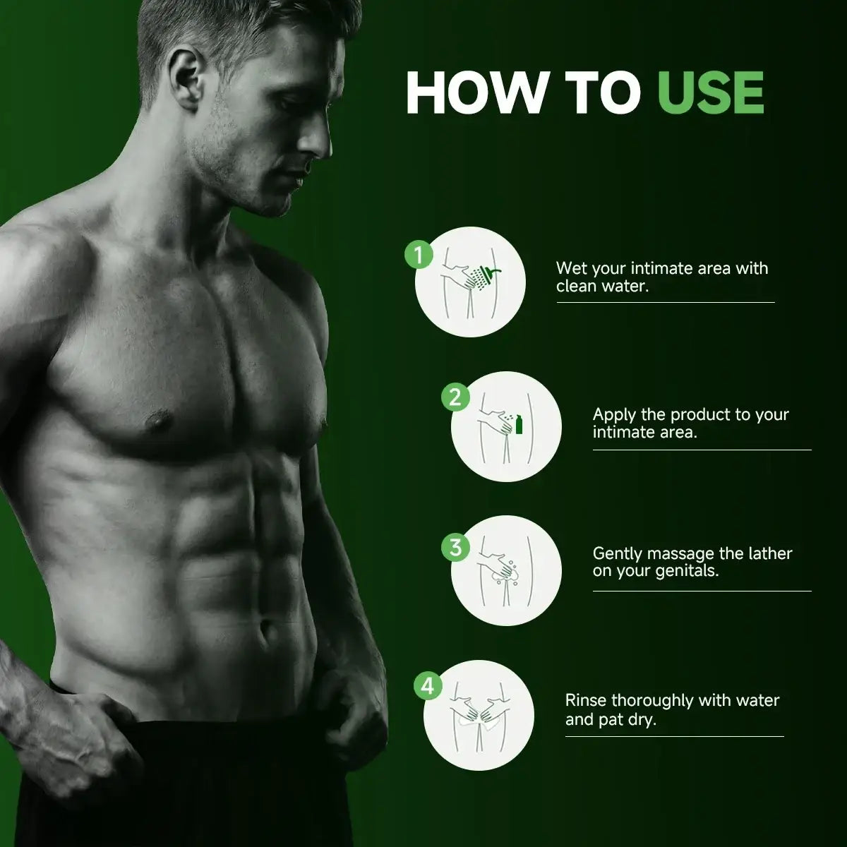 Mens intimate wash menthol in a sleek dark green bottle with matching pump dispenser for personal care lather