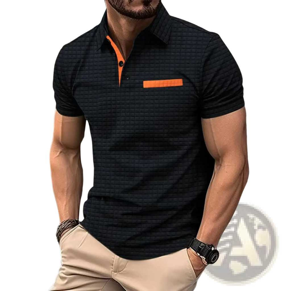 Men’s jacquard plaid sport polo shirt black textured short sleeves with orange inner collar and pocket trim