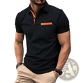 Men’s jacquard plaid sport polo shirt black textured short sleeves with orange inner collar and pocket trim