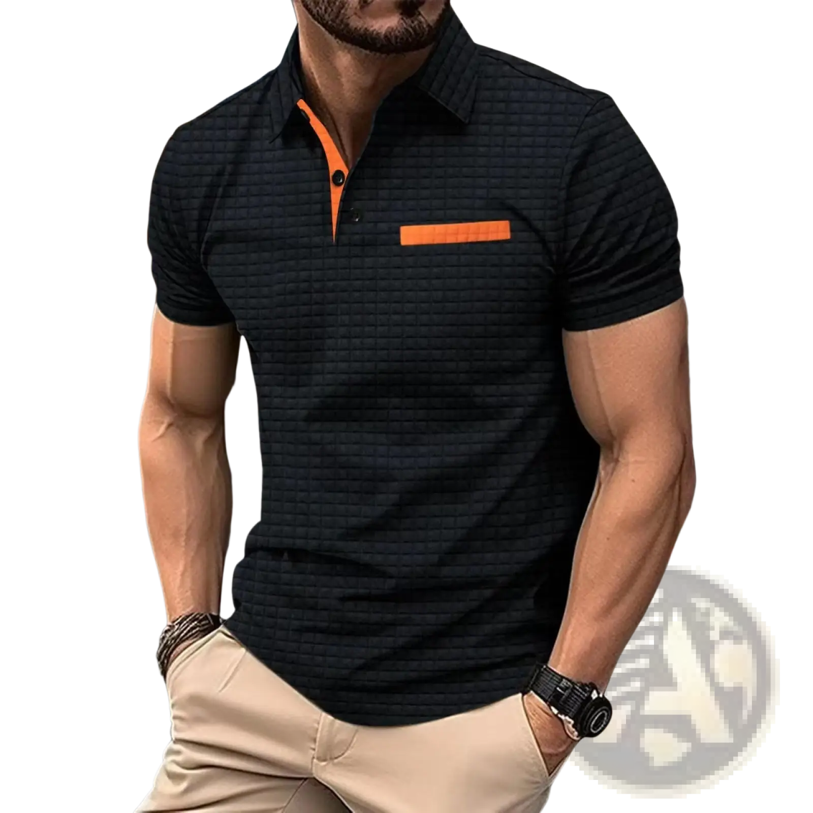 Men’s jacquard plaid sport polo shirt black textured short sleeves with orange inner collar and pocket trim