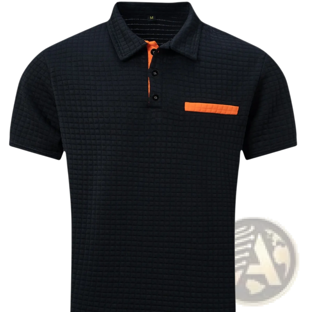Men’s jacquard plaid sport polo shirt in black textured fabric with orange contrast trim on collar placket and pocket