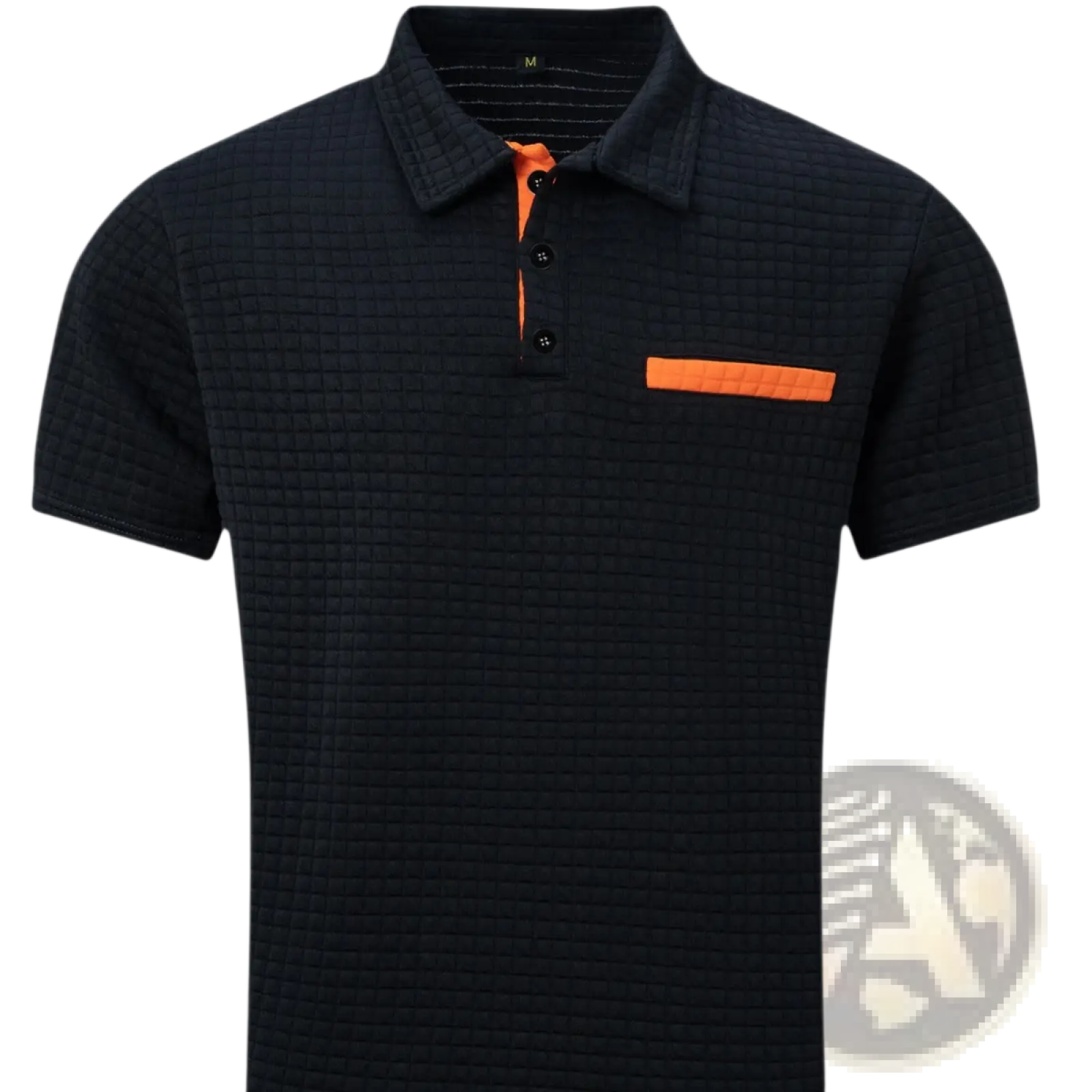 Men’s jacquard plaid sport polo shirt in black textured fabric with orange contrast trim on collar placket and pocket