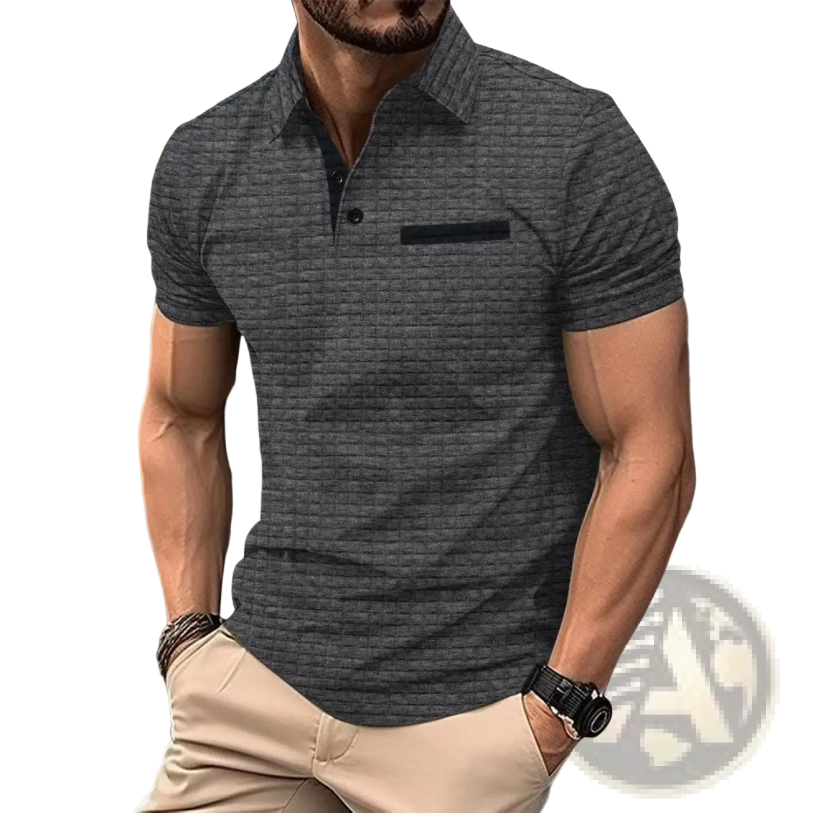 Men’s dark gray jacquard plaid sport polo shirt with subtle woven pattern and black buttoned placket
