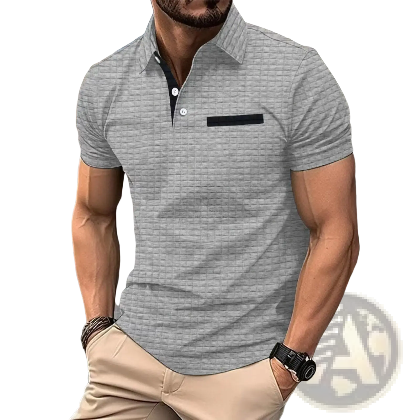 Men’s gray jacquard plaid short-sleeve polo shirt with black collar and pocket trim in textured fabric