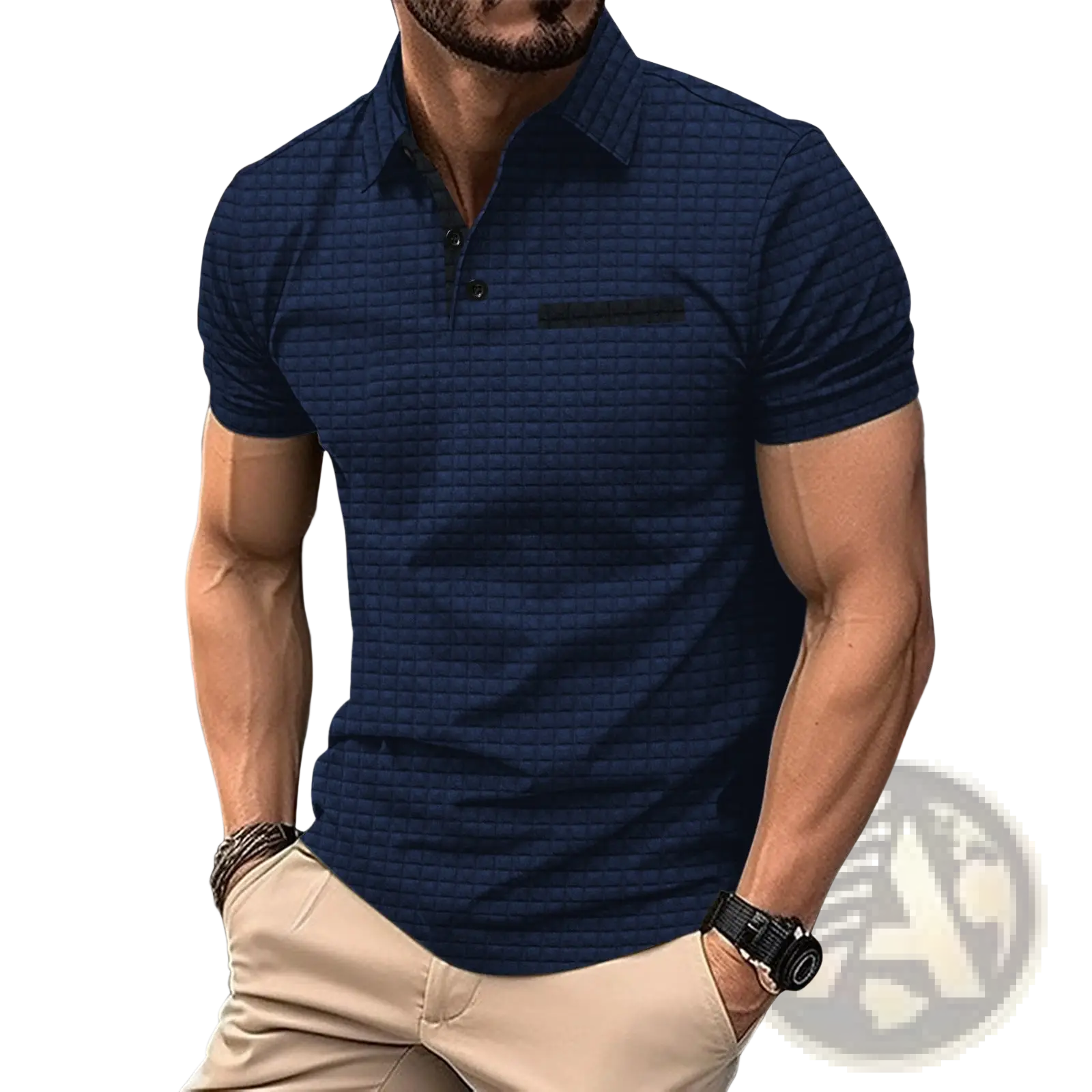 Men’s navy blue jacquard plaid sport polo shirt with textured fabric black button placket and chest pocket
