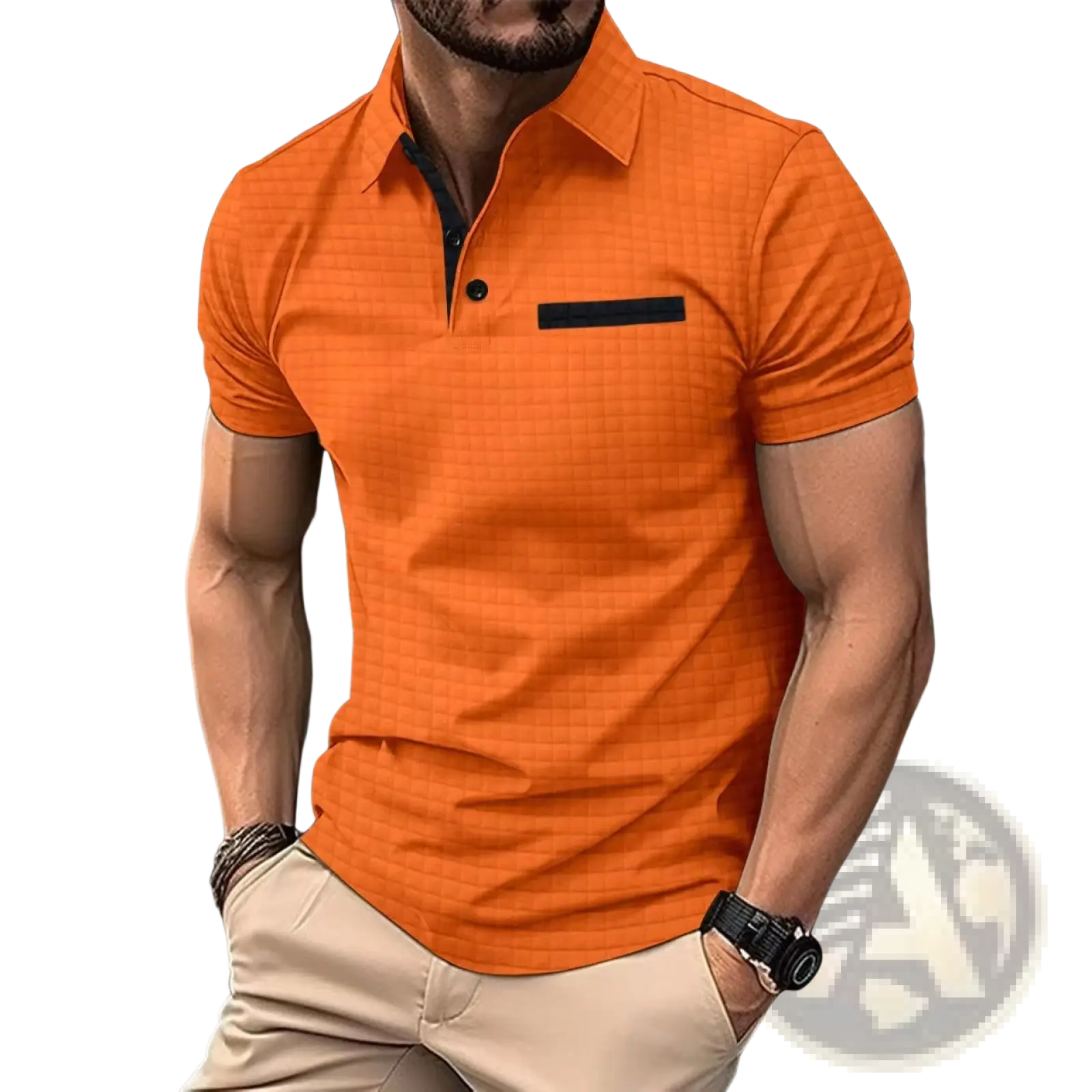 Men’s jacquard plaid sport polo shirt in vibrant orange with subtle grid texture and black contrast trim on collar and pocket