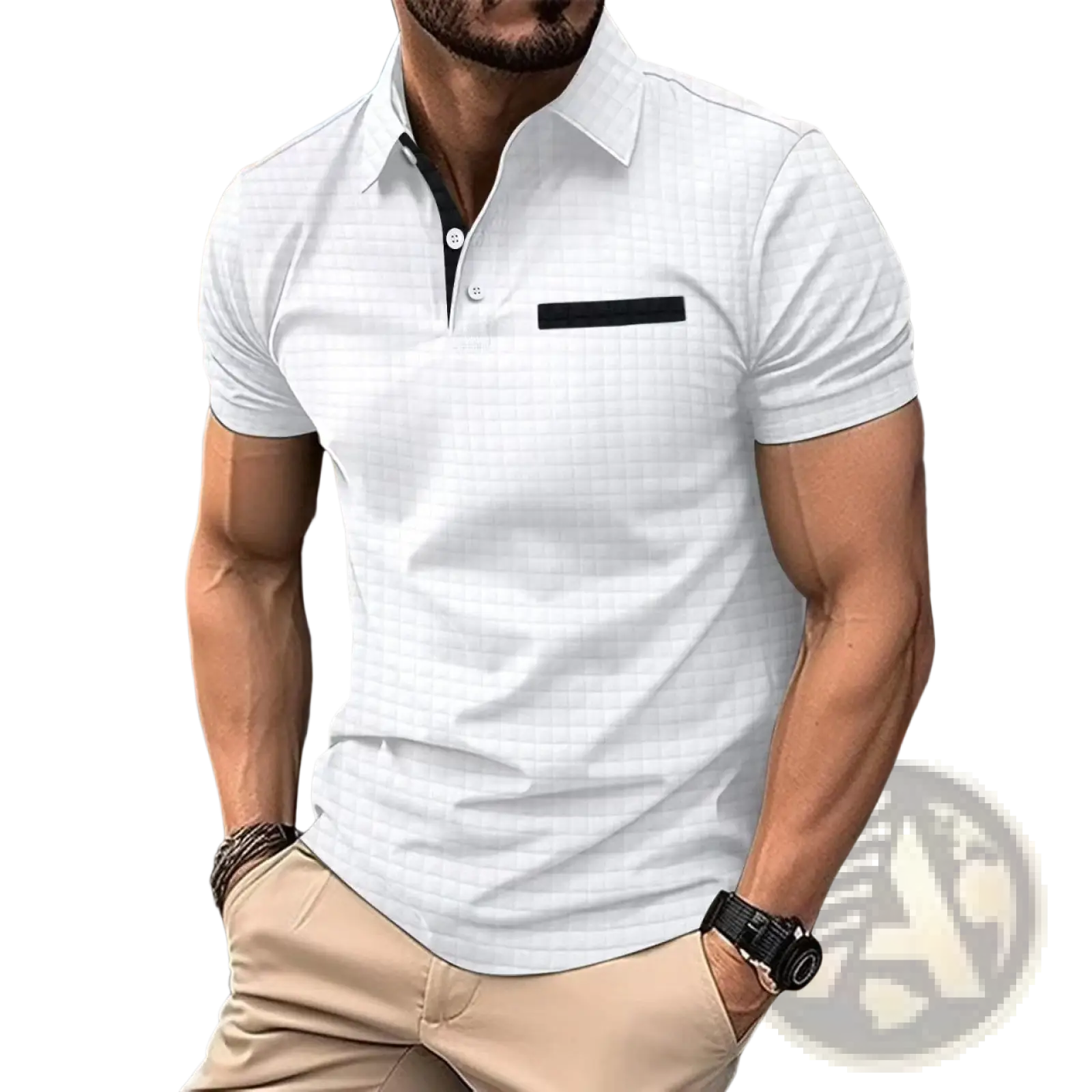 Men’s jacquard plaid sport polo shirt in white with subtle grid pattern and black contrast trim on collar pocket and placket