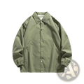 Mens Japanese casual loose olive green nylon coach jacket with button closure and elastic cuffs for everyday wear