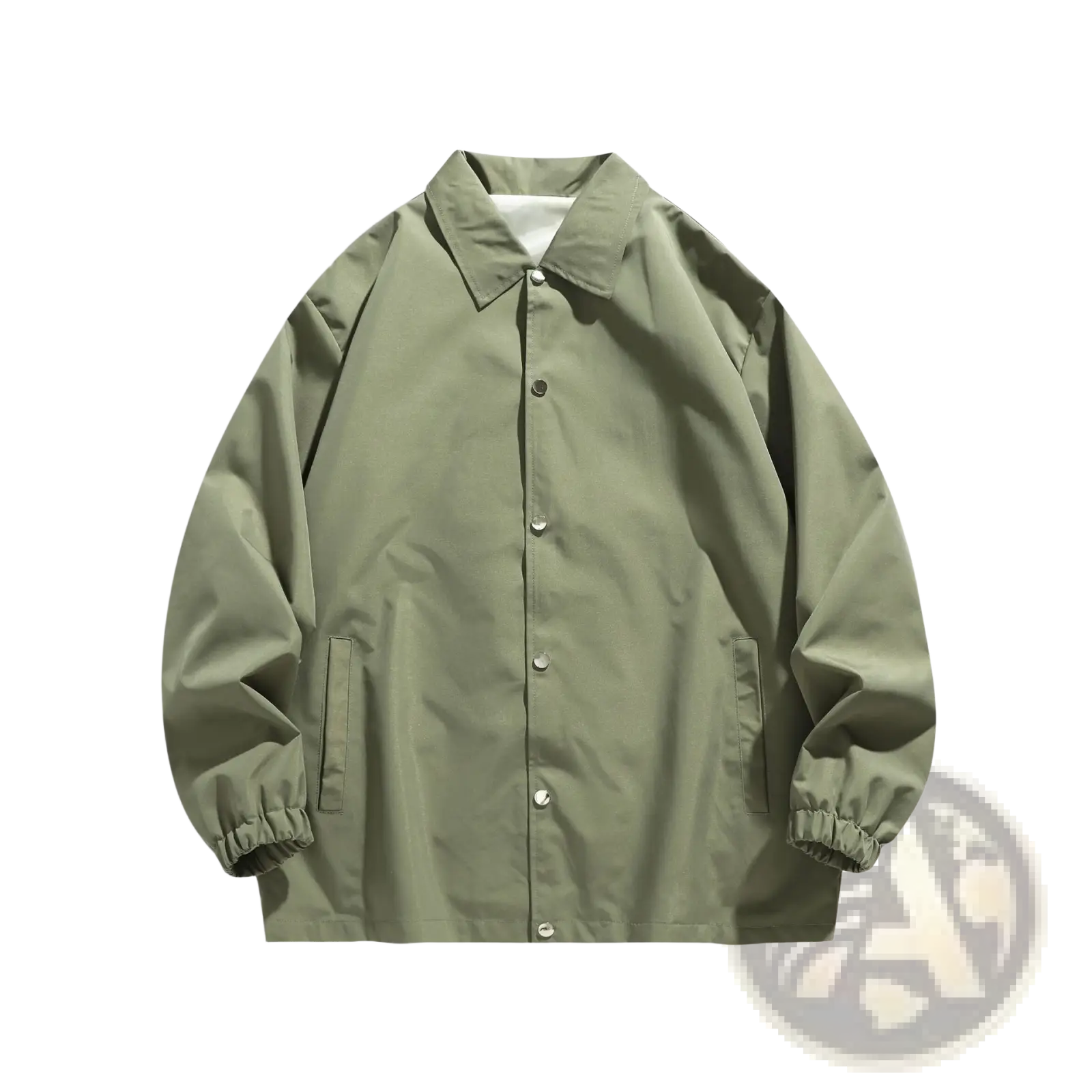 Mens Japanese casual loose olive green nylon coach jacket with button closure and elastic cuffs for everyday wear