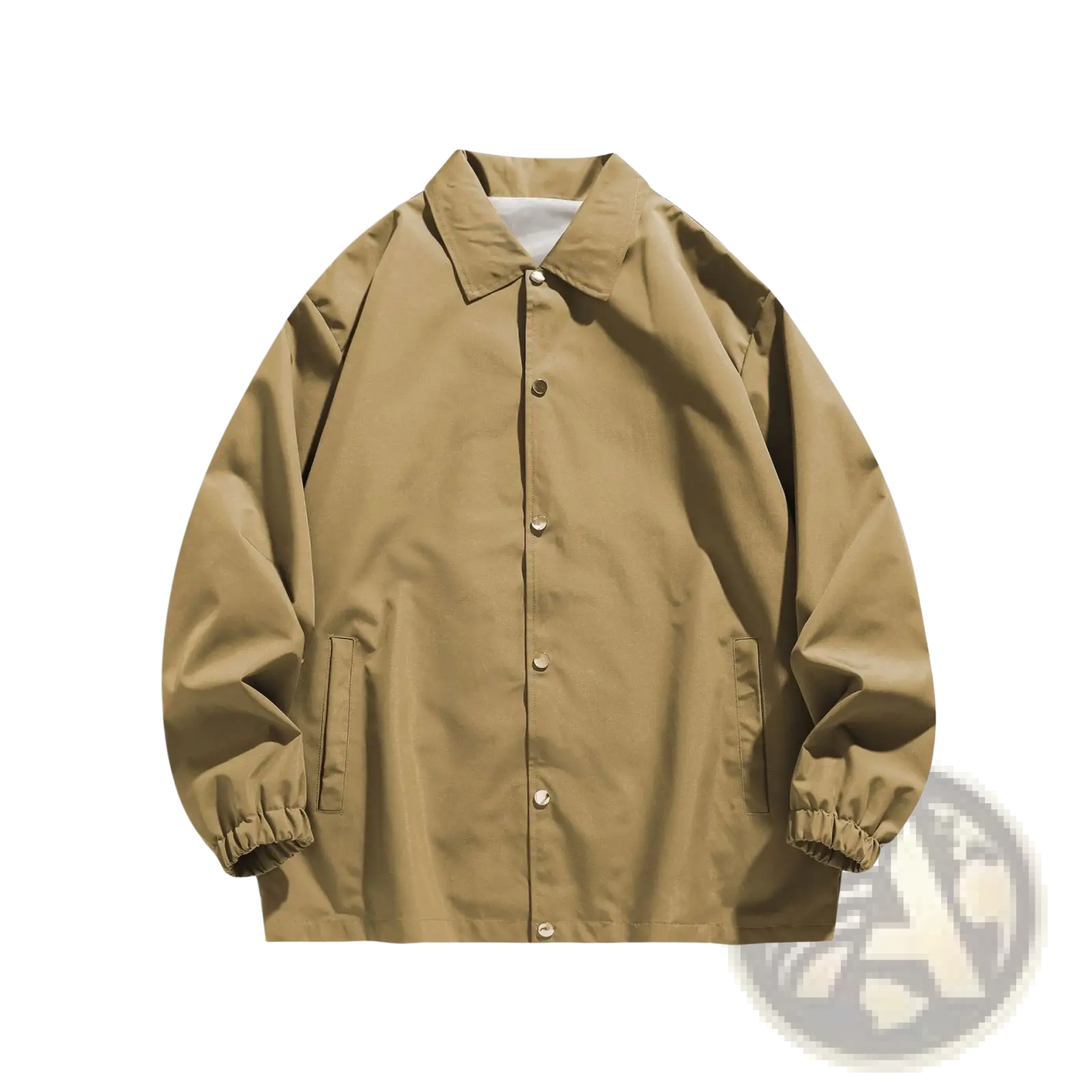 Beige mens Japanese casual loose coach jacket with button-front closure and elastic cuffs made from lightweight fabric