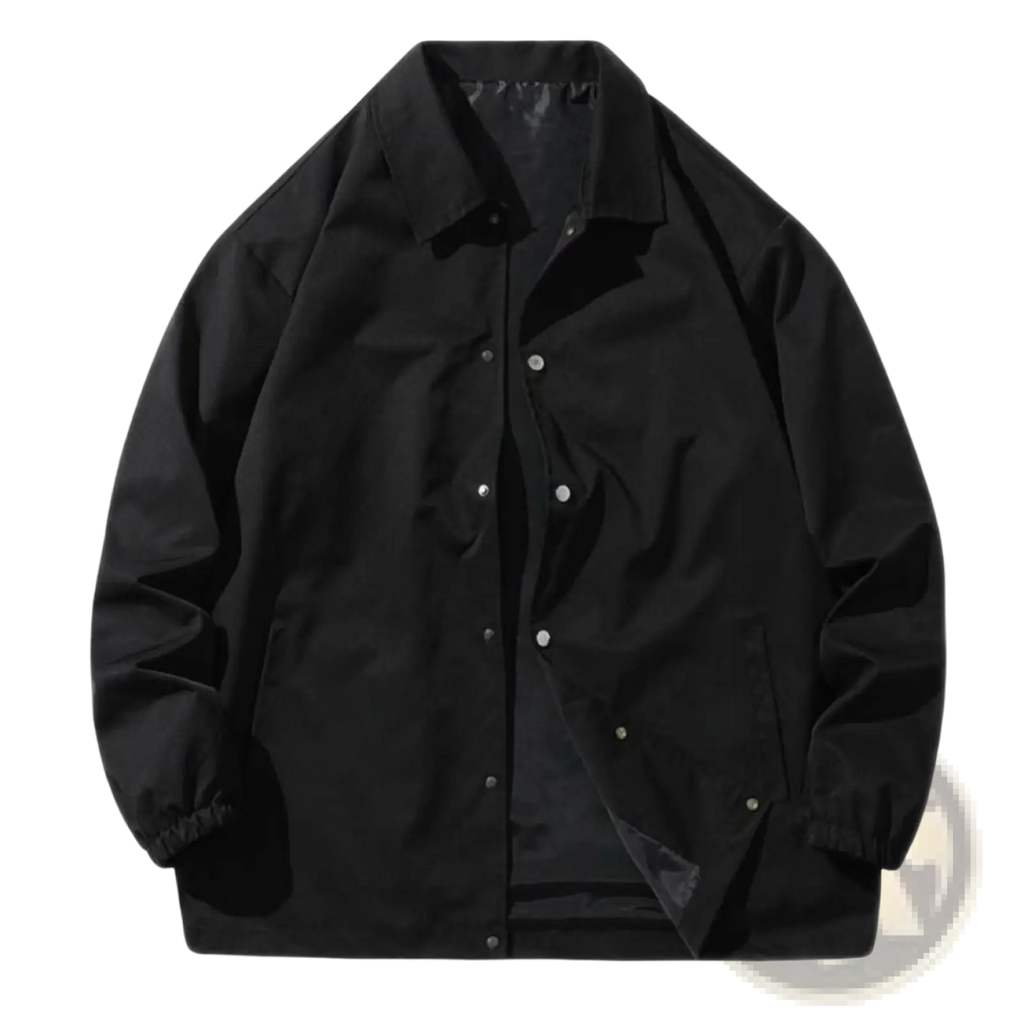 Mens Japanese casual loose black coach jacket with silver buttons and elastic cuffs in front view