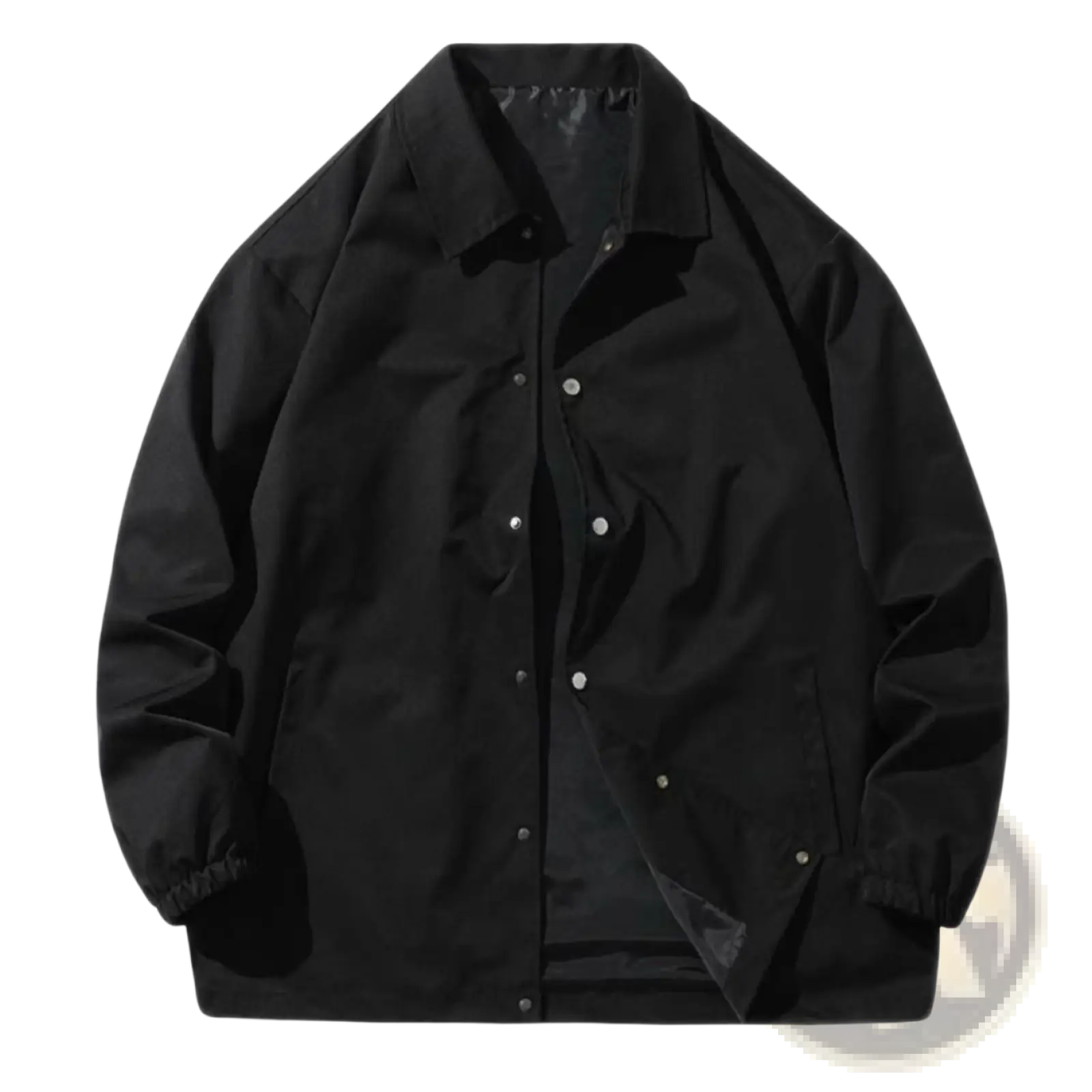Mens Japanese casual loose black coach jacket with silver buttons and elastic cuffs in front view