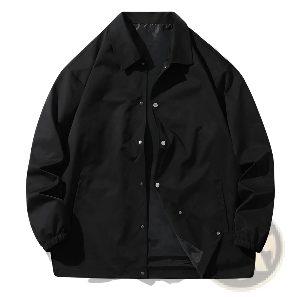 Mens japanese casual loose coach jacket in black with silver buttons and elastic cuffs for comfortable wear