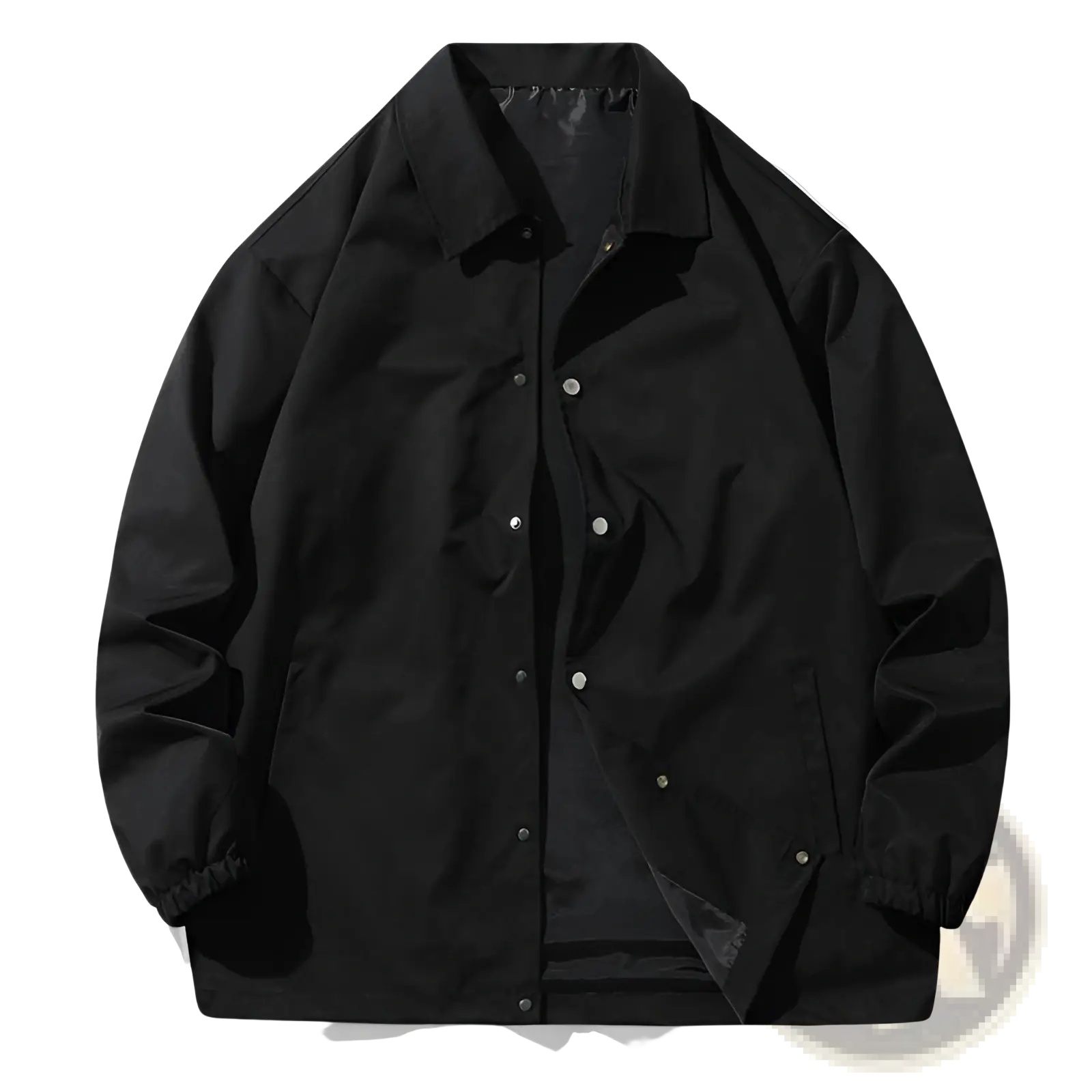 Mens japanese casual loose coach jacket in black with silver buttons and elastic cuffs for comfortable wear