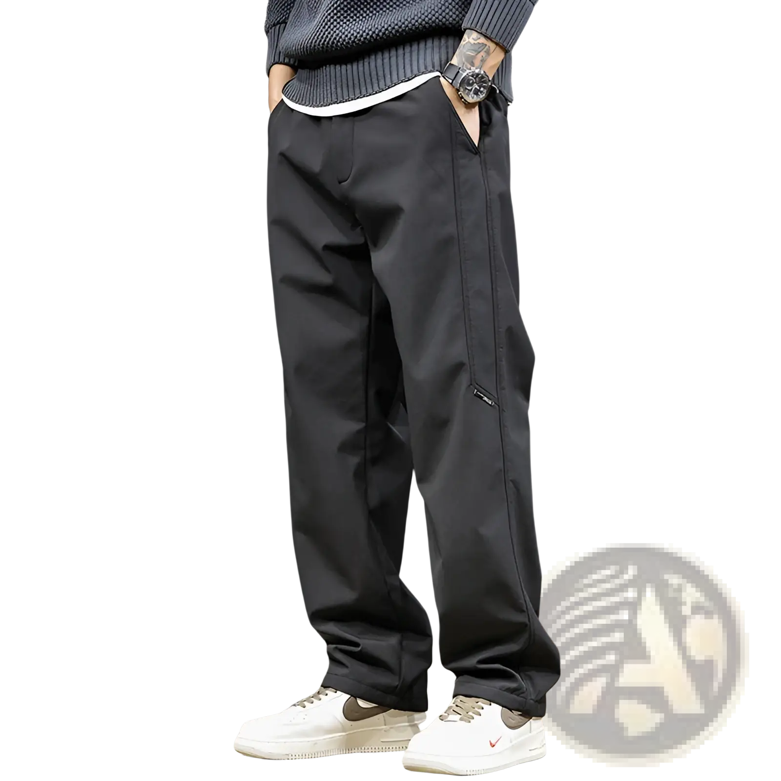 Men’s black Japanese retro tapered cargo pants with a subtle side zipper pocket and white inner waistband trim