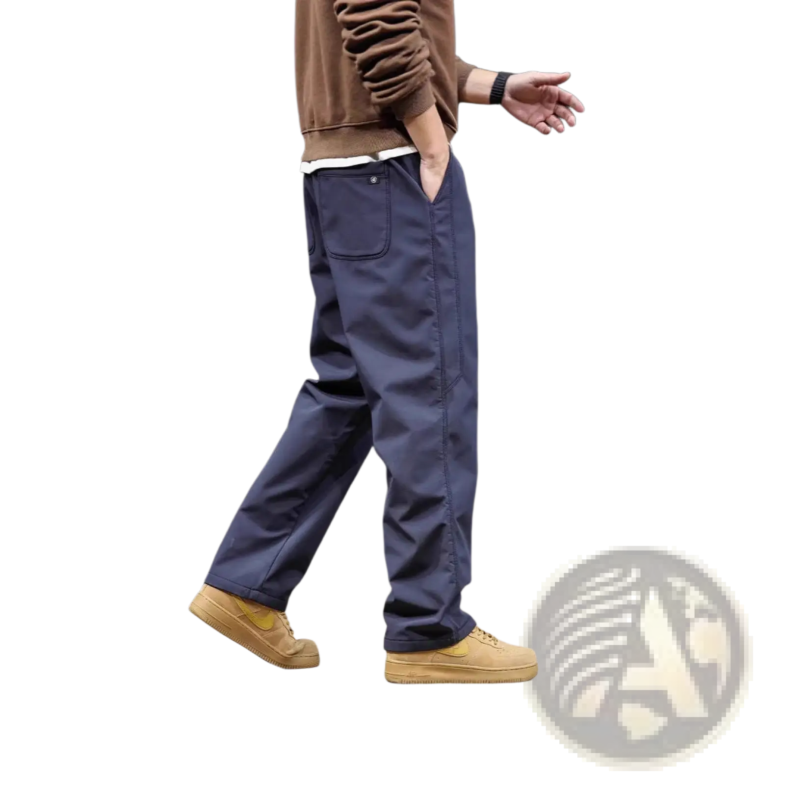 Men’s Japanese retro wide leg cargo pants in dark blue with straight legs, subtle texture, and visible stitching details