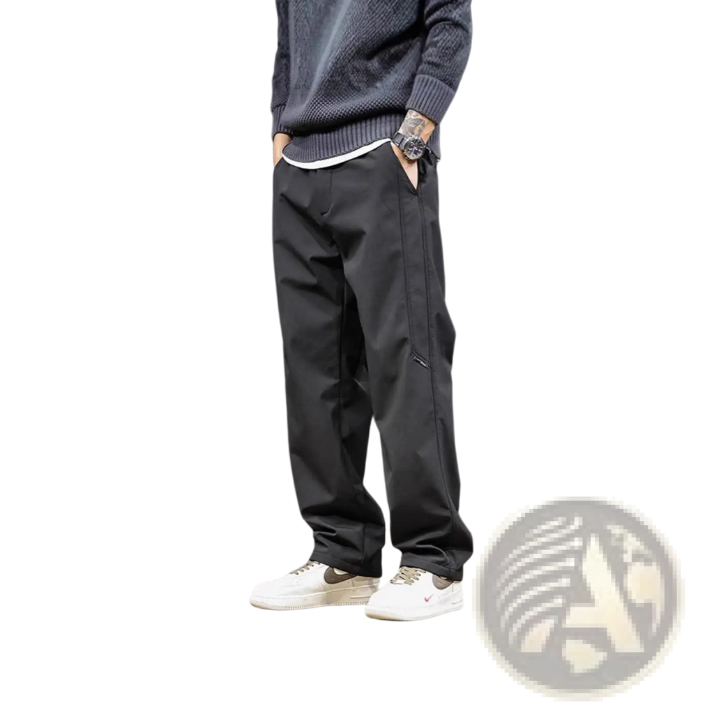 Men’s japanese retro wide leg cargo pants in black with tapered fit and subtle side zippers for relaxed comfort