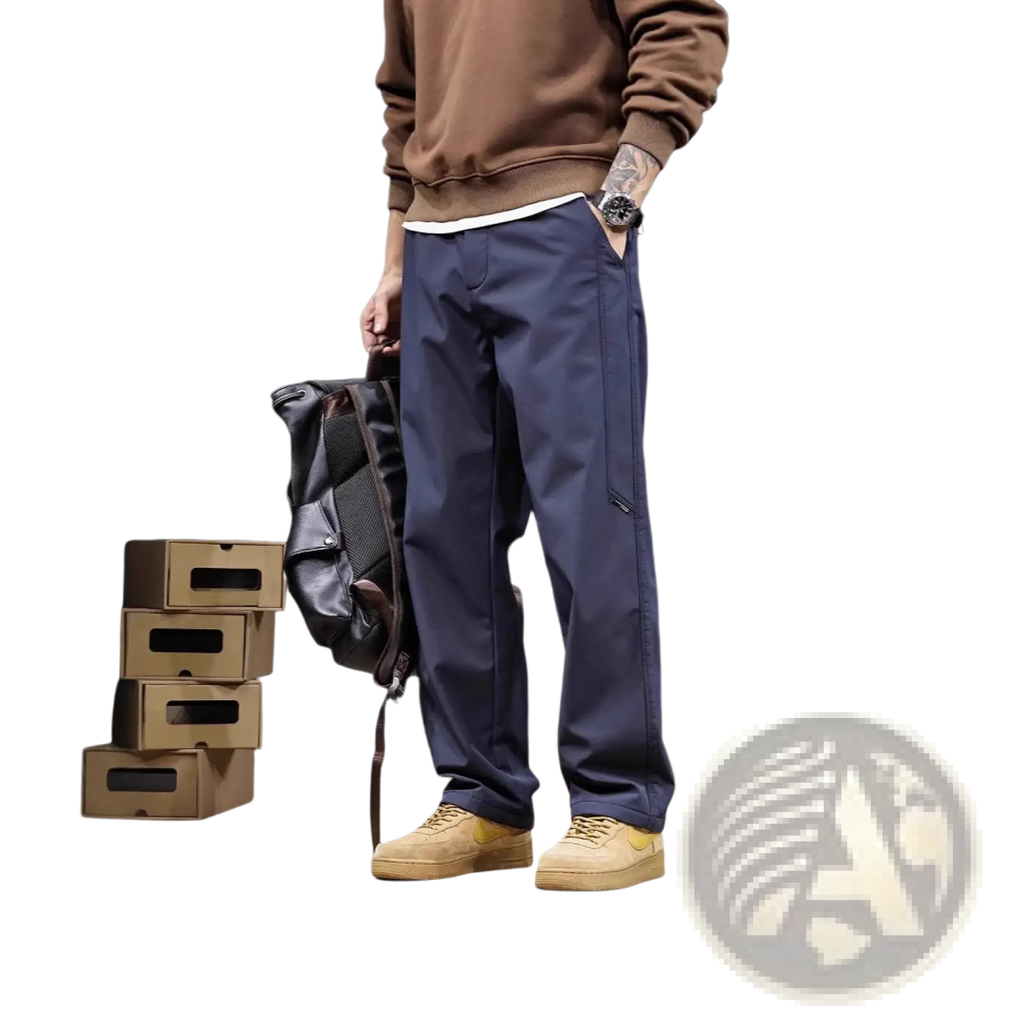 Men’s japanese retro wide leg cargo pants in navy blue featuring multiple pockets and subtle textured fabric finish