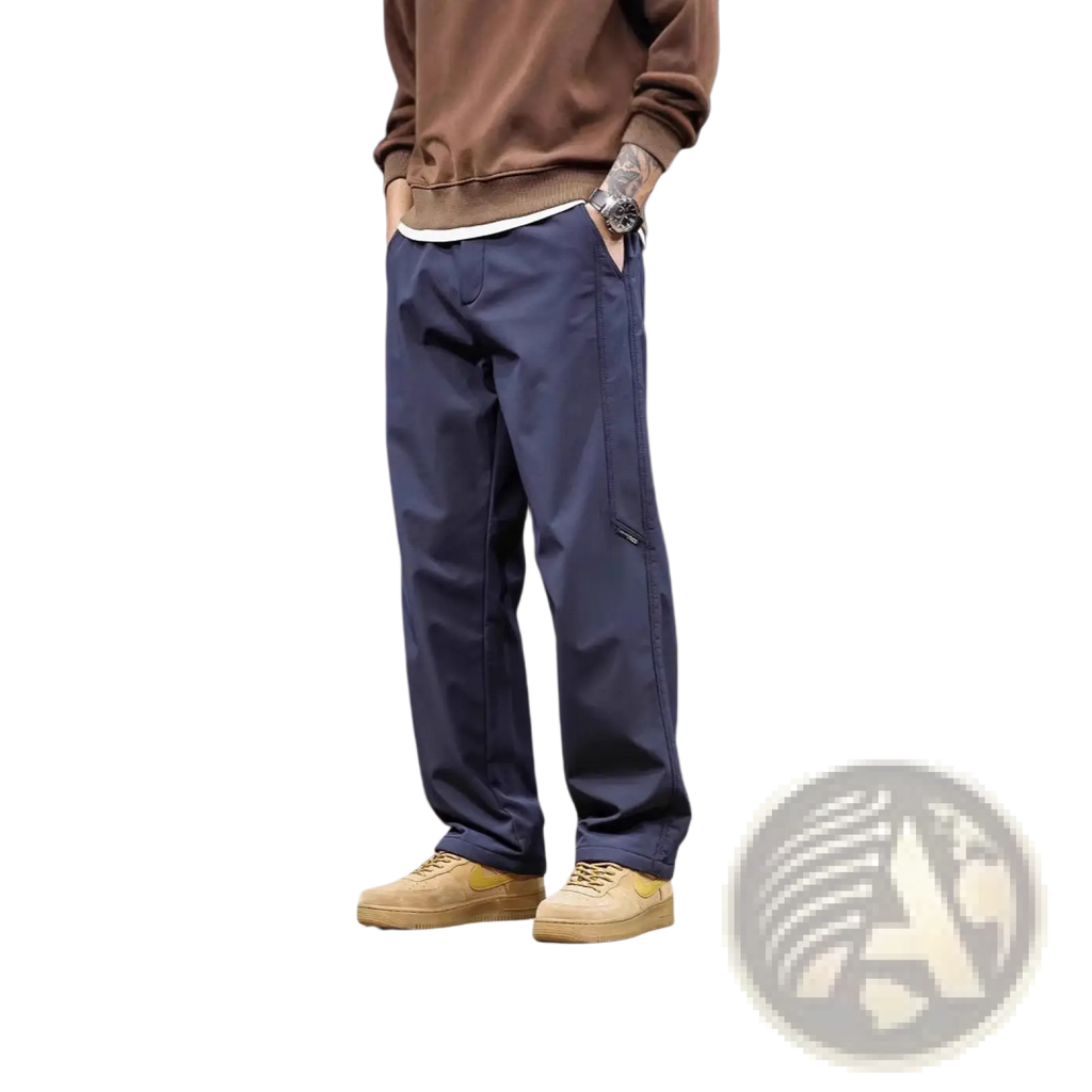 Men’s Japanese retro wide leg cargo pants in navy blue with multiple pockets and a relaxed fit