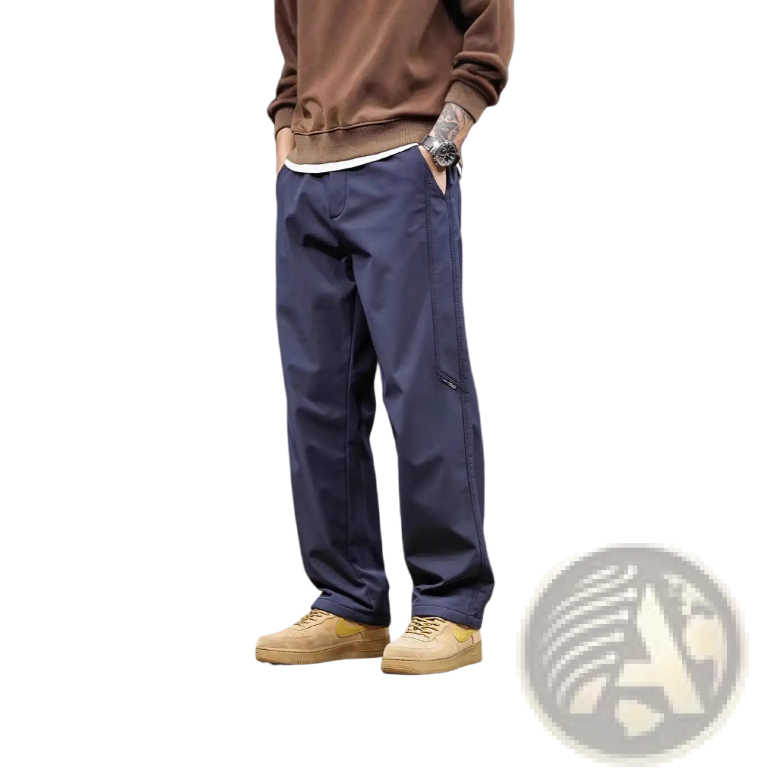 Men’s Japanese retro wide leg cargo pants in navy blue with multiple pockets and a relaxed fit
