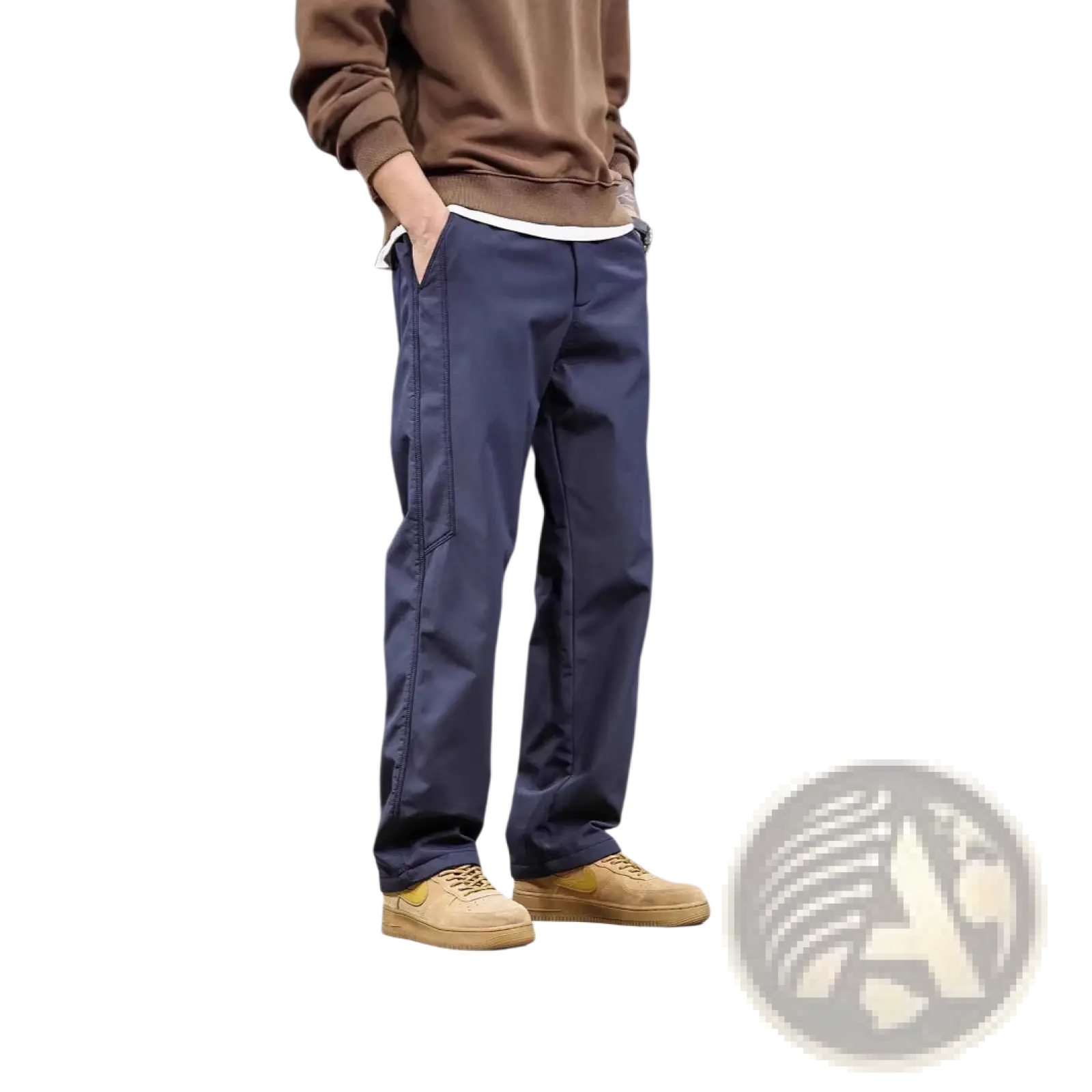 Men’s japanese retro wide leg cargo pants in navy blue with straight-leg cut and visible side pockets for casual wear