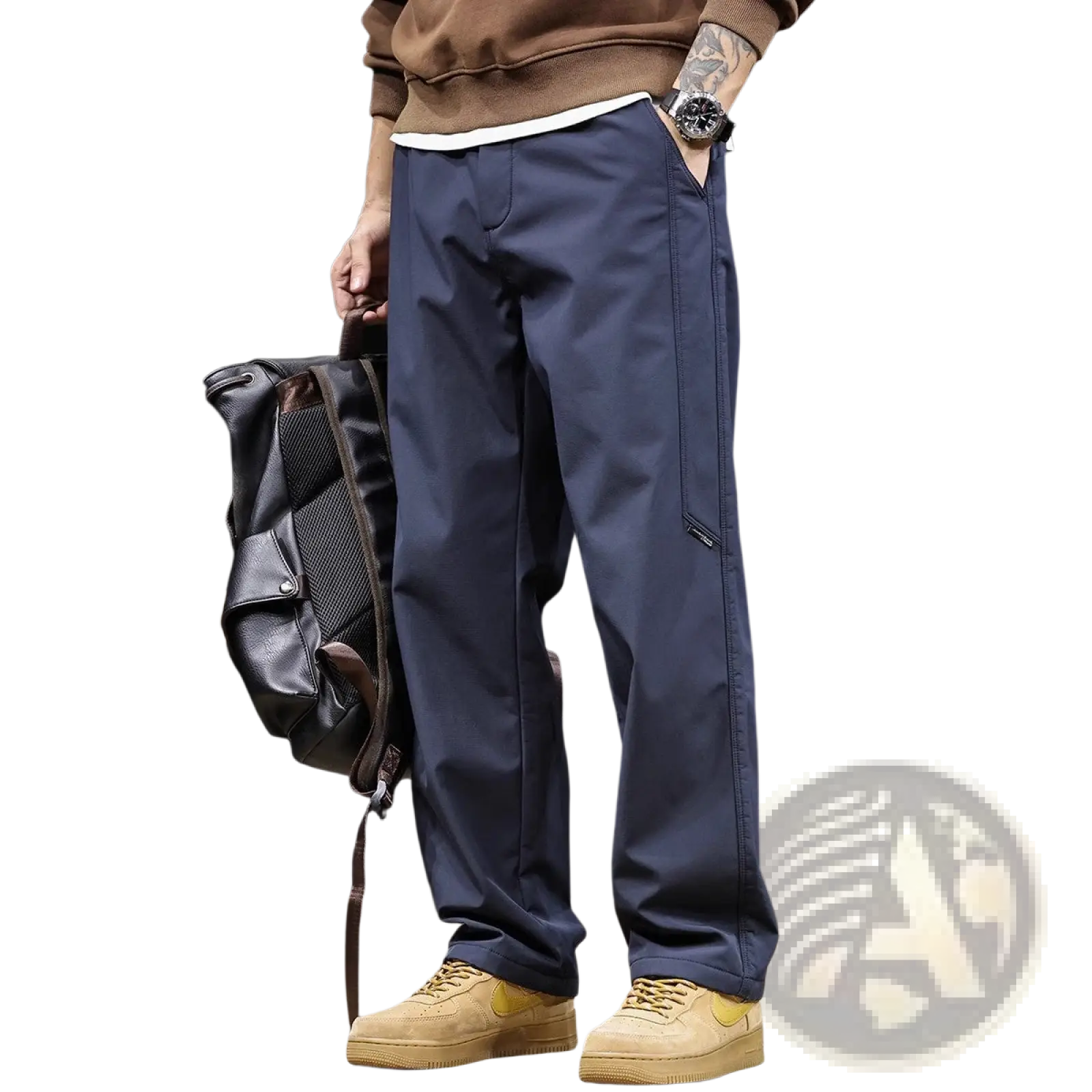 Men’s navy blue japanese retro wide leg cargo pants with side pockets and subtle seam detail in cotton fabric