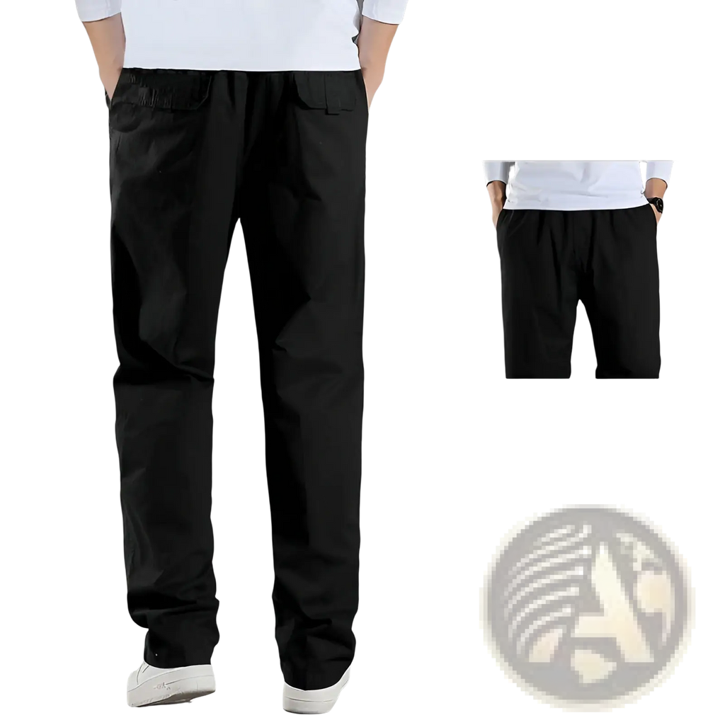 Men’s japanese style black cotton workwear pants with loose straight cut, elastic waistband, and side pockets