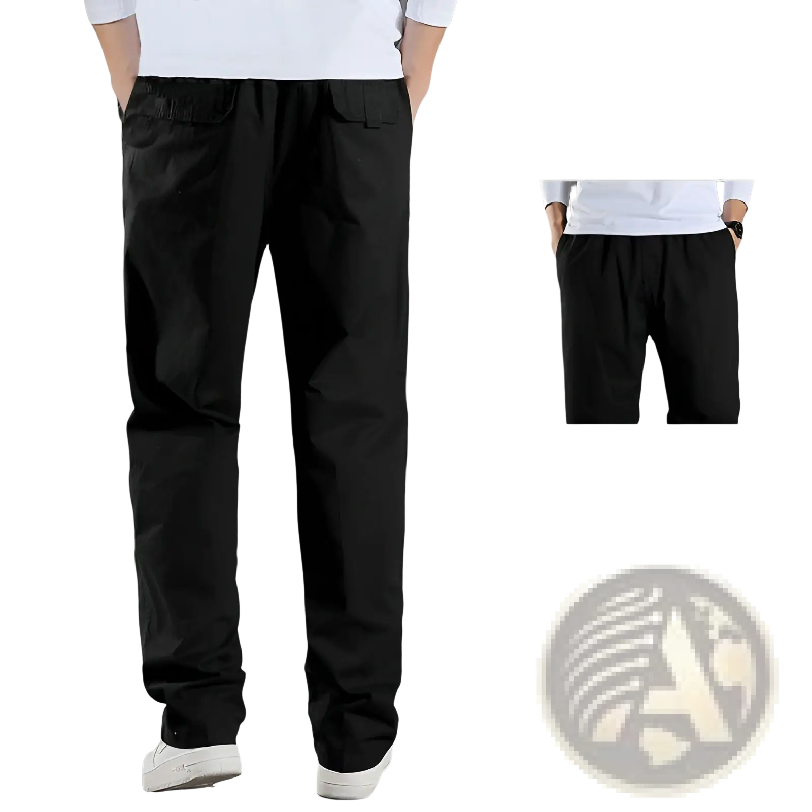 Men’s japanese style black cotton workwear pants with loose straight cut, elastic waistband, and side pockets