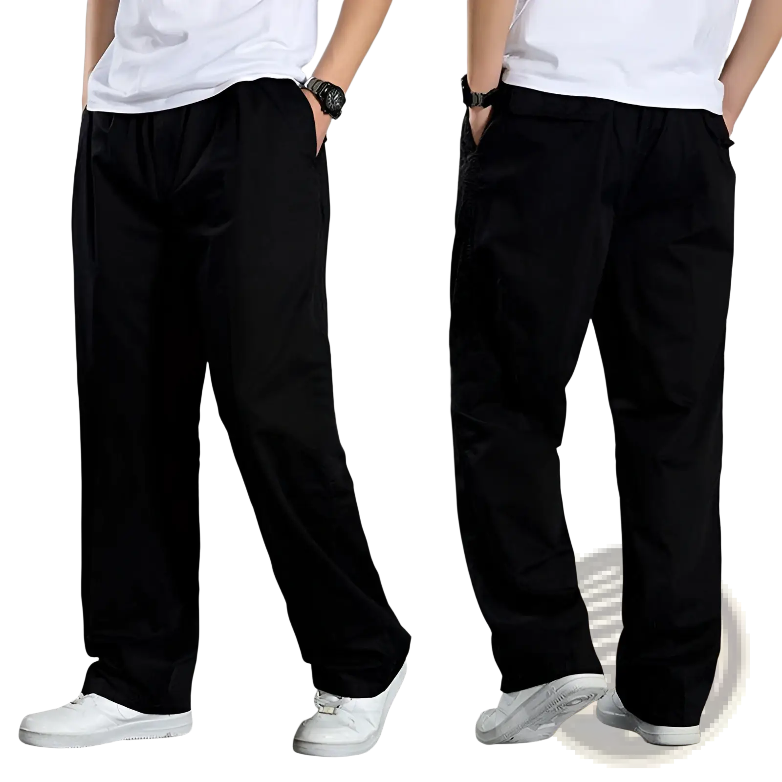Men’s japanese style cotton straight leg workwear pants in black with loose fit and elastic waistband visible from front