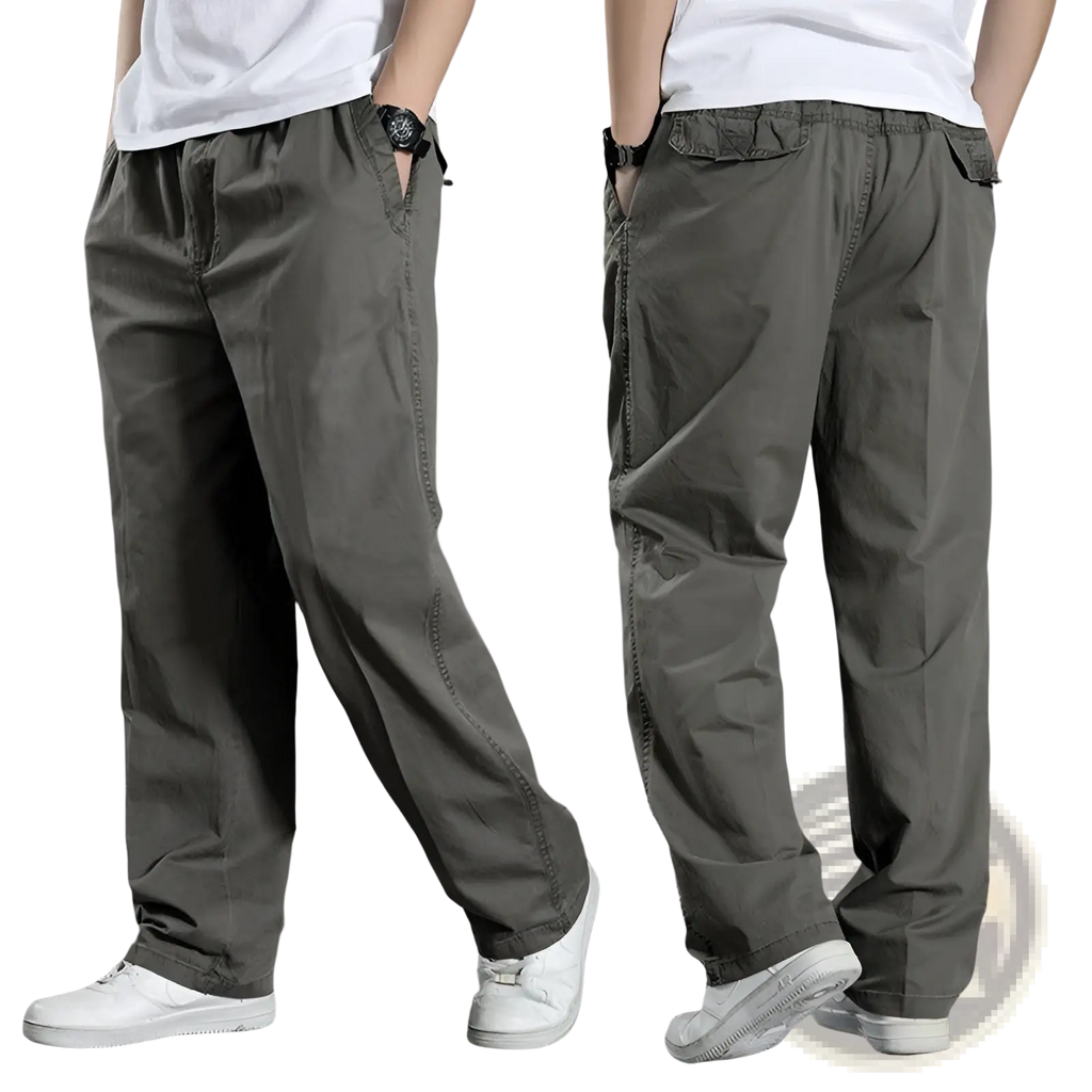 Men’s olive green Japanese style cotton cargo pants with multiple pockets and a relaxed straight leg workwear fit