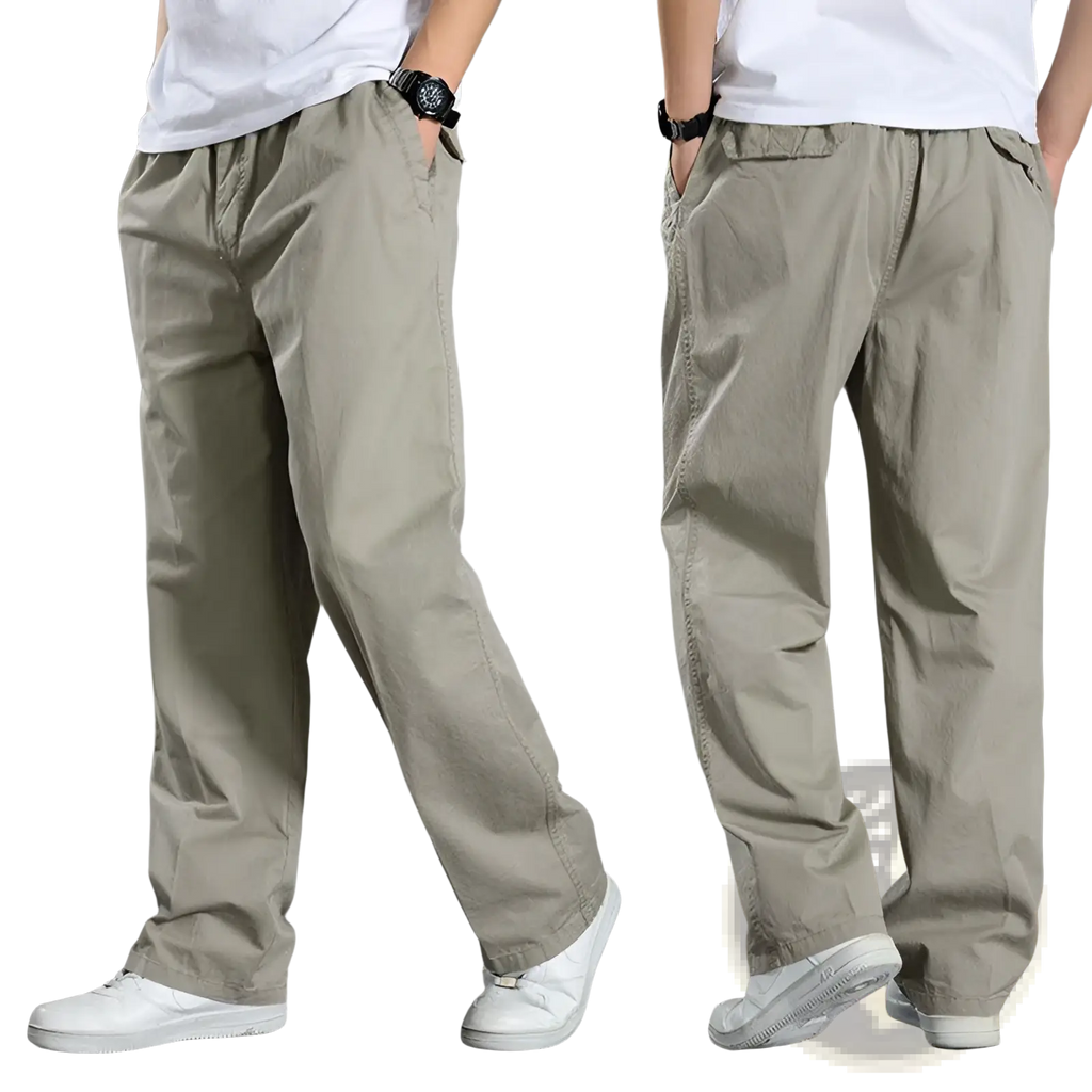 Men’s Japanese style cotton khaki straight leg workwear pants with relaxed fit and casual slightly loose silhouette