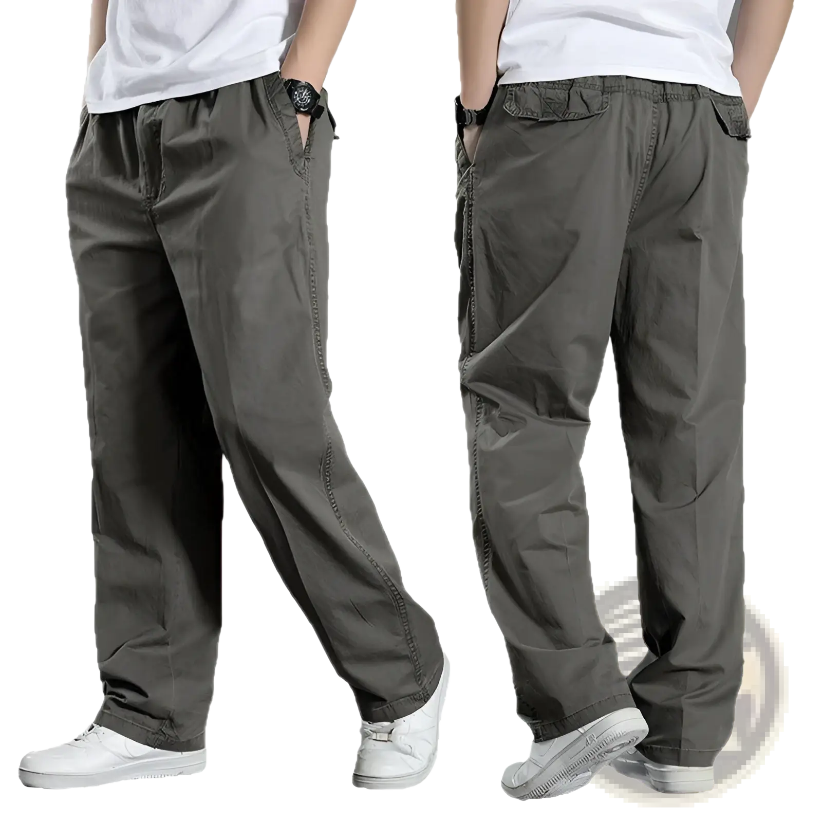 Men’s japanese style cotton straight leg workwear pants in dark olive green with relaxed fit and multiple cargo pockets
