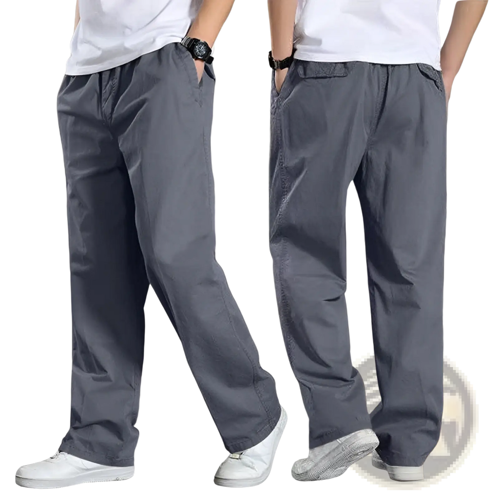 Men’s gray Japanese style cotton straight leg workwear pants with relaxed fit, drawstring waist, and side pockets