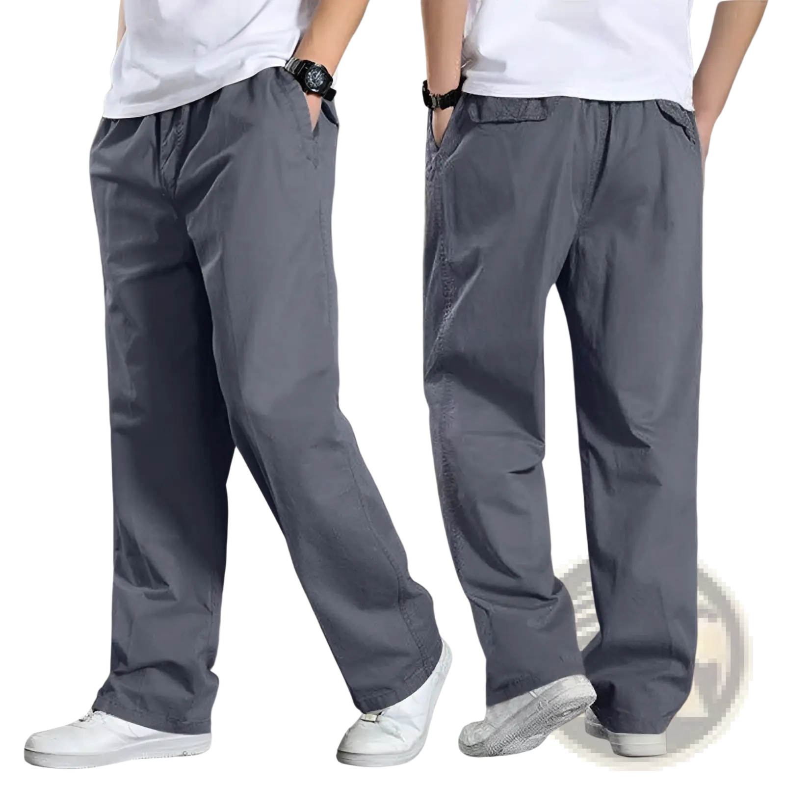 Men’s gray Japanese style cotton straight leg workwear pants with relaxed fit, drawstring waist, and side pockets