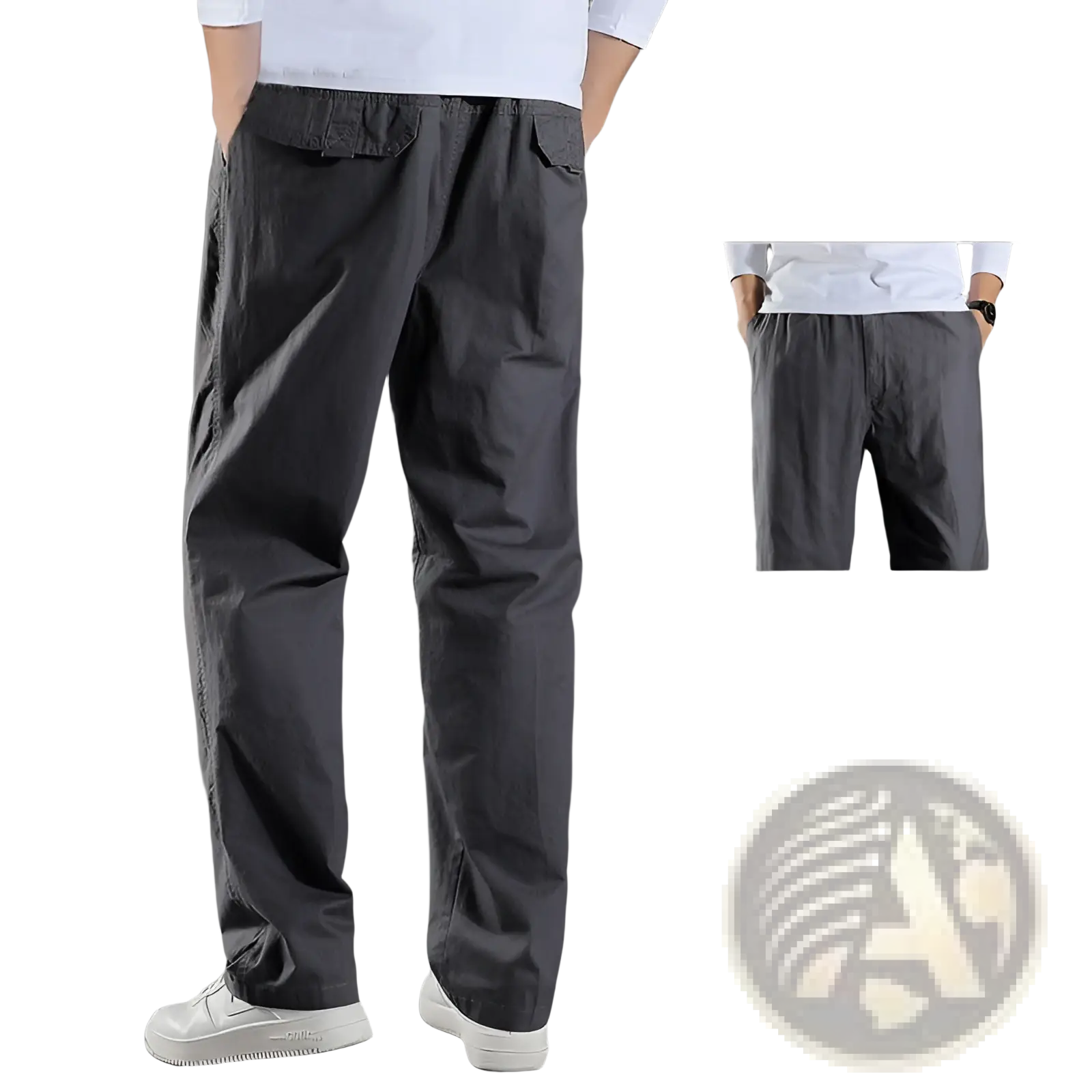 Men’s Japanese style cotton straight leg workwear pants in dark gray with durable textured fabric and elastic waistband