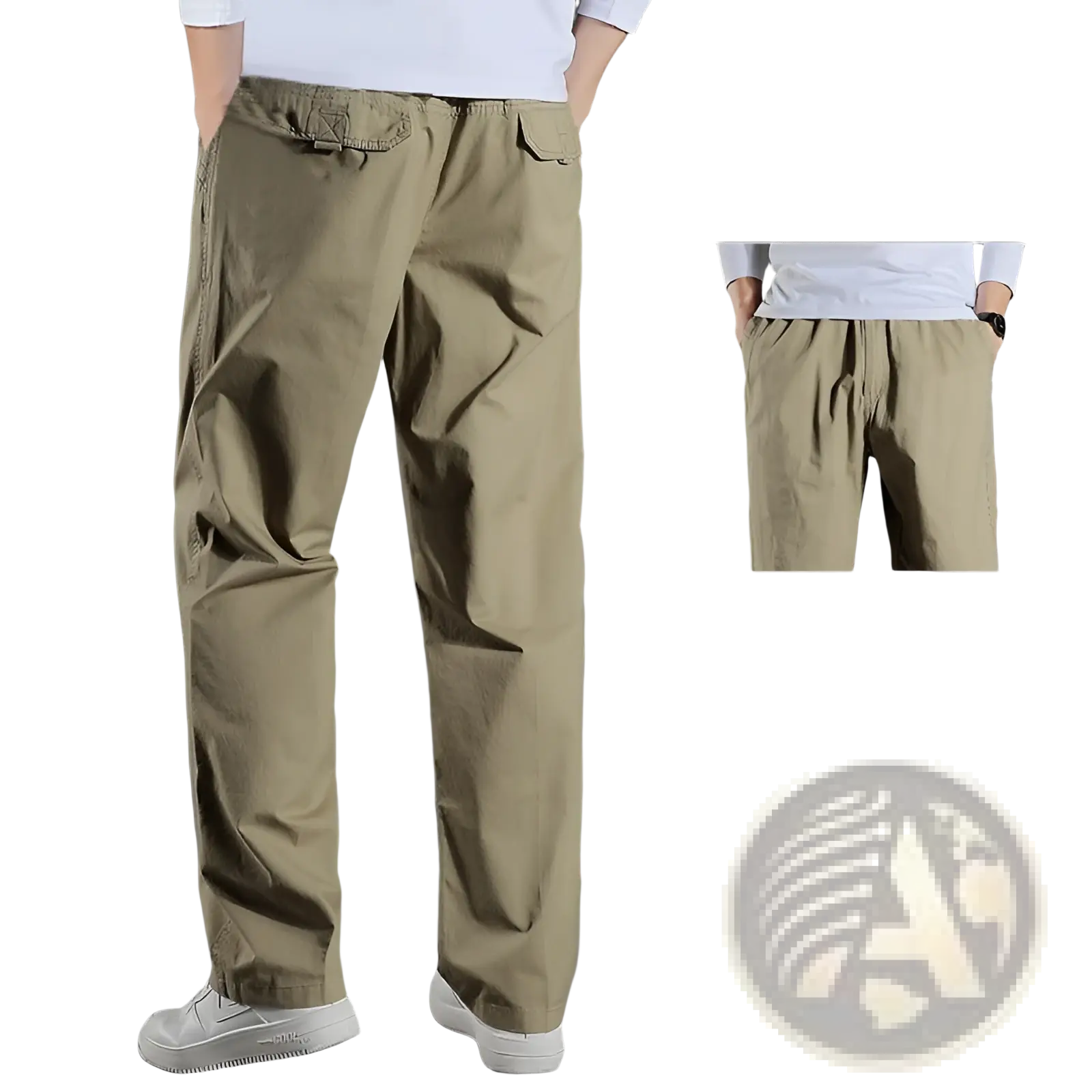 Men’s Japanese style cotton straight leg workwear pants in khaki with loose fit durable fabric and visible stitching