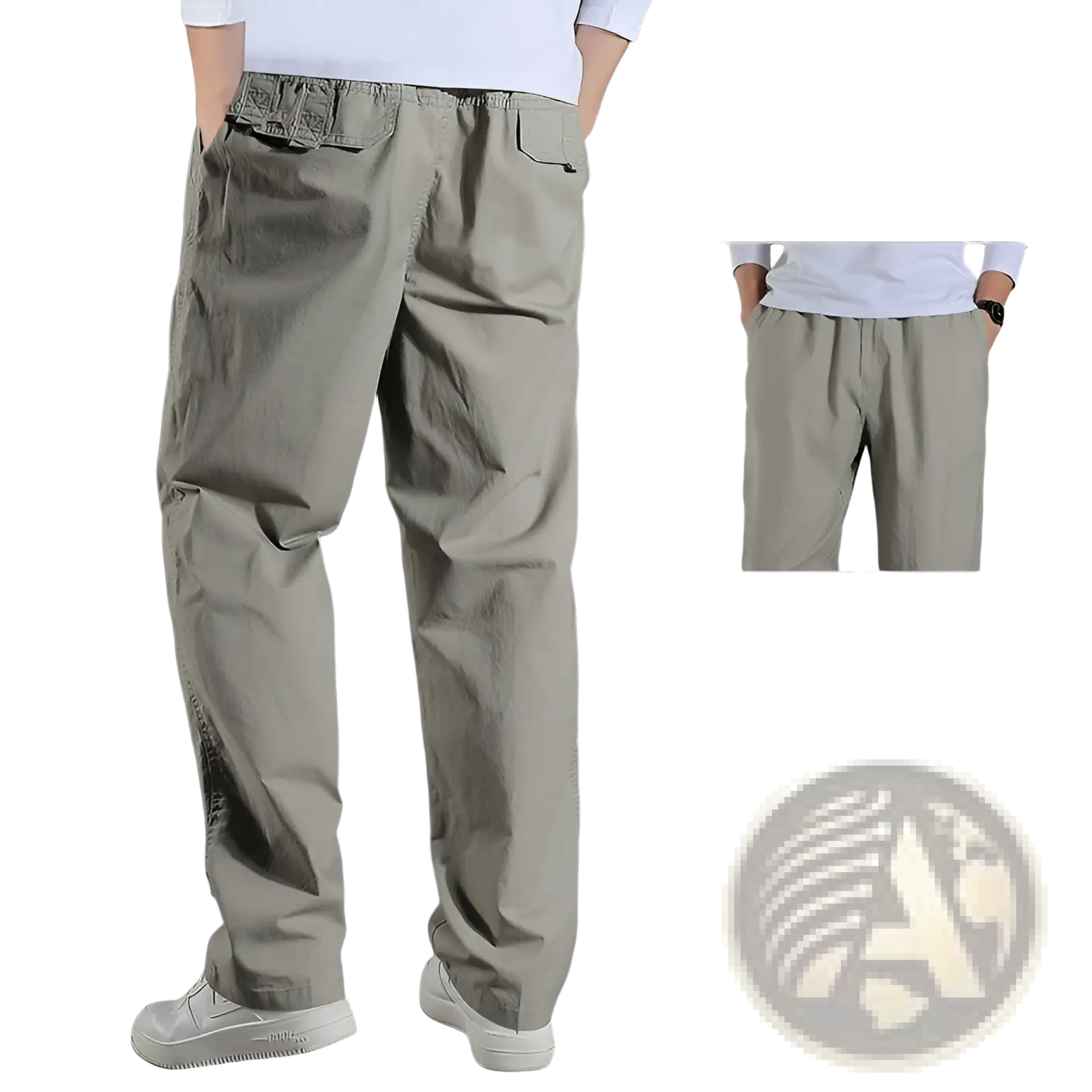 Men’s Japanese style cotton straight leg workwear pants in light gray with durable fabric and visible stitching