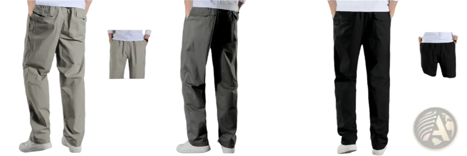 Men’s japanese style cotton straight leg workwear pants in light gray army green and black with a relaxed fit
