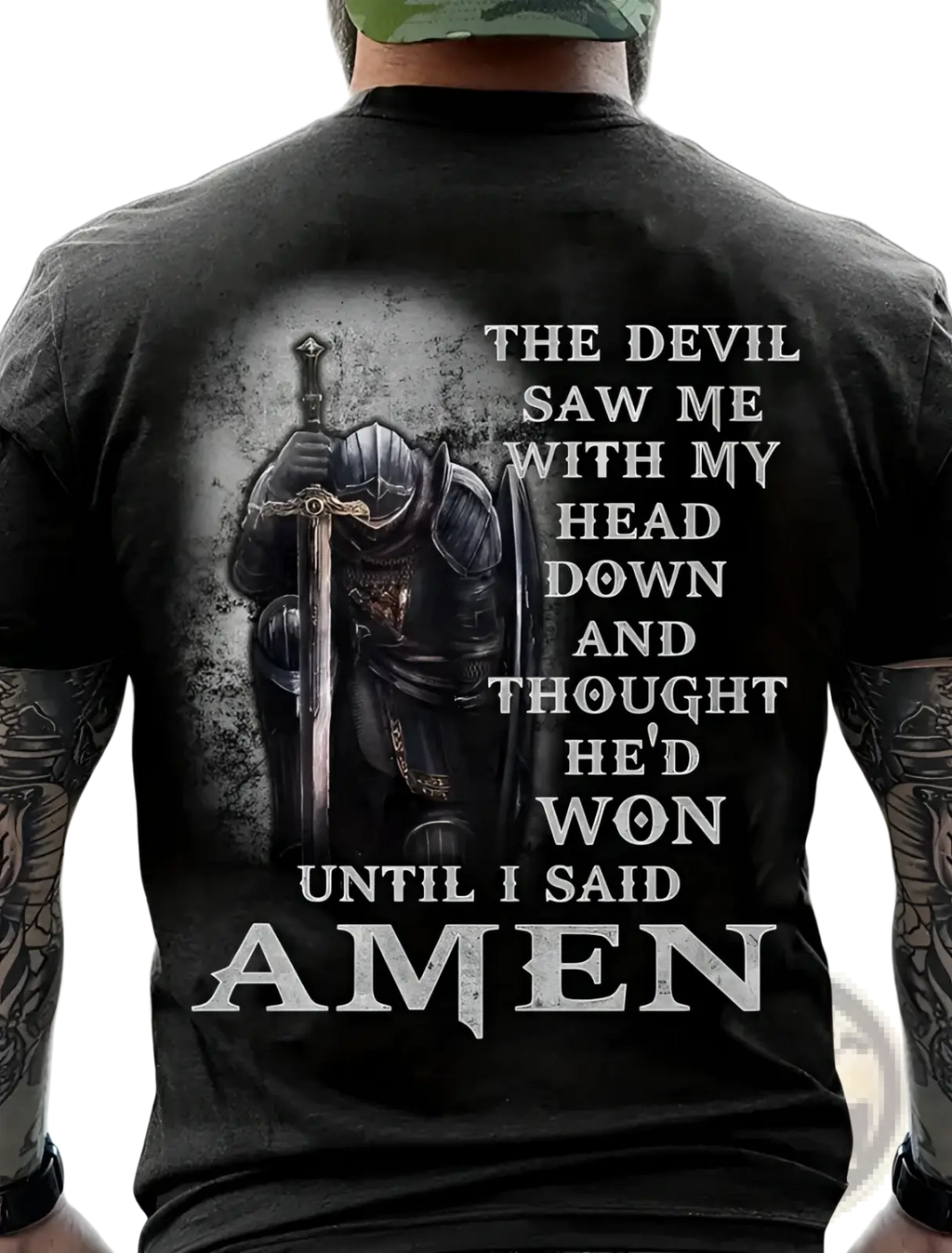 Men’s black cotton t-shirt featuring a knight graphic and amen quote printed in white on the front