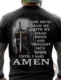 Men’s black cotton t-shirt featuring a knight graphic and amen quote printed in white on the front