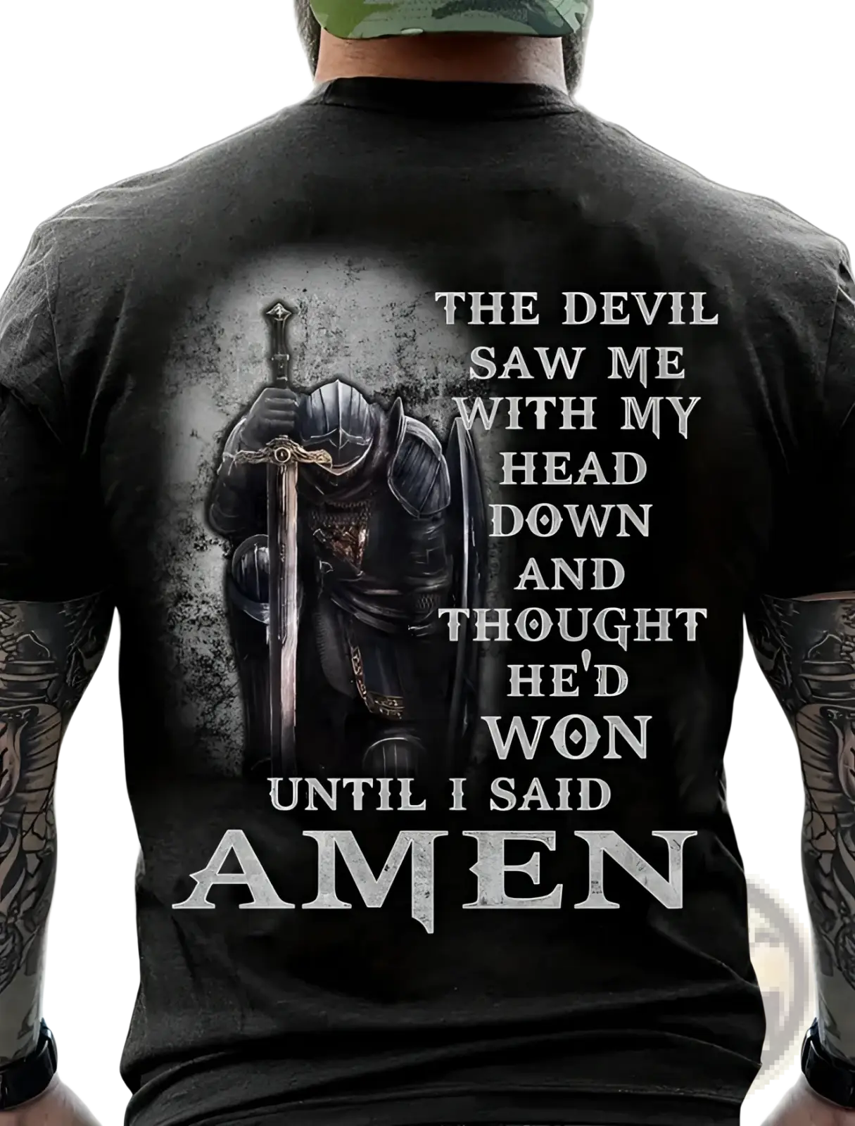 Men’s black cotton t-shirt featuring a knight graphic and amen quote printed in white on the front