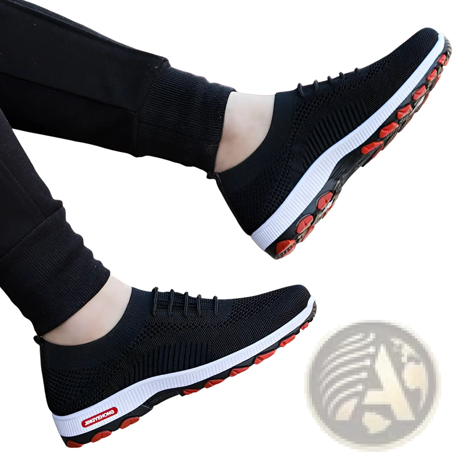 Men’s black knit breathable leisure sports sneakers with white midsole and red outsole accents in a sleek design