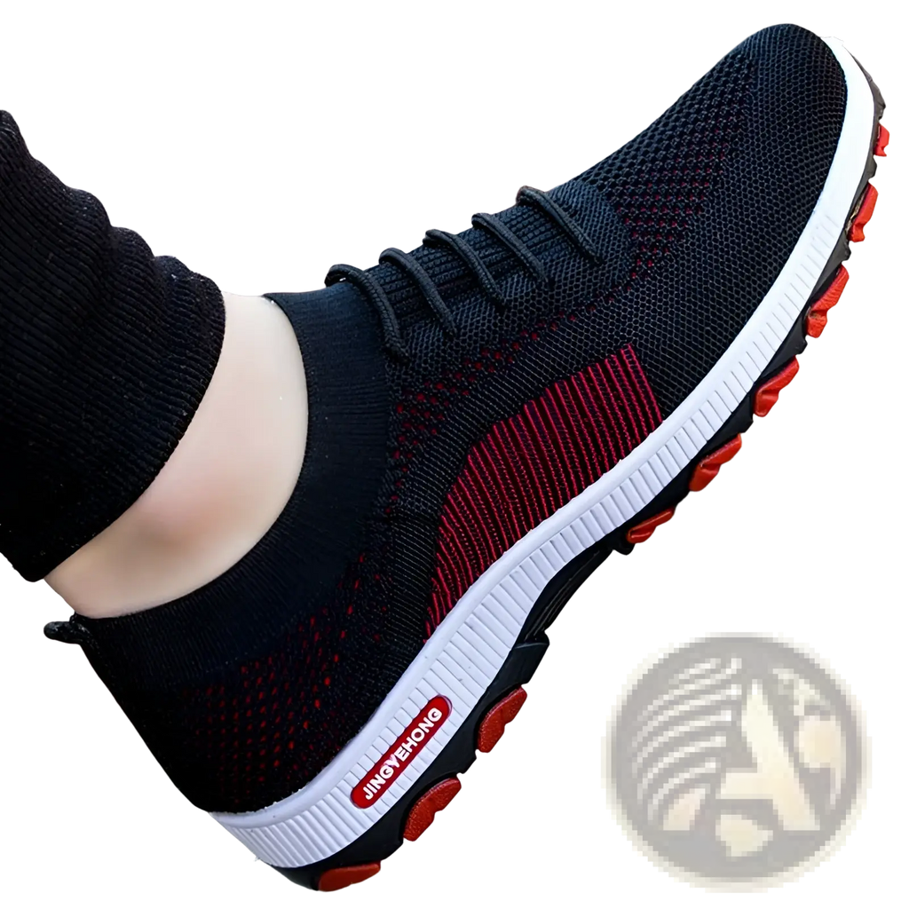 Men’s knit breathable leisure sports sneaker in black and red with white midsole and orange rubber outsole featuring jinyehong logo