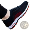 Men’s knit breathable leisure sports sneaker in black and red with white midsole and orange rubber outsole featuring jinyehong logo