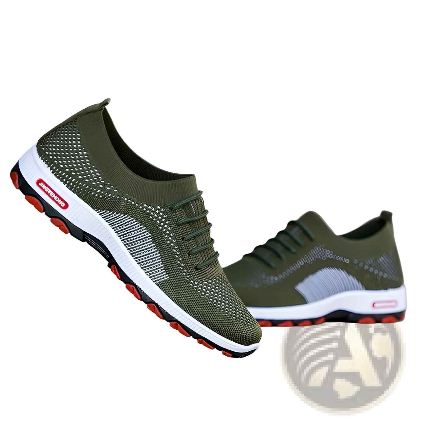 Men’s olive green knit breathable leisure sports sneakers with white soles and red accents on the outsole