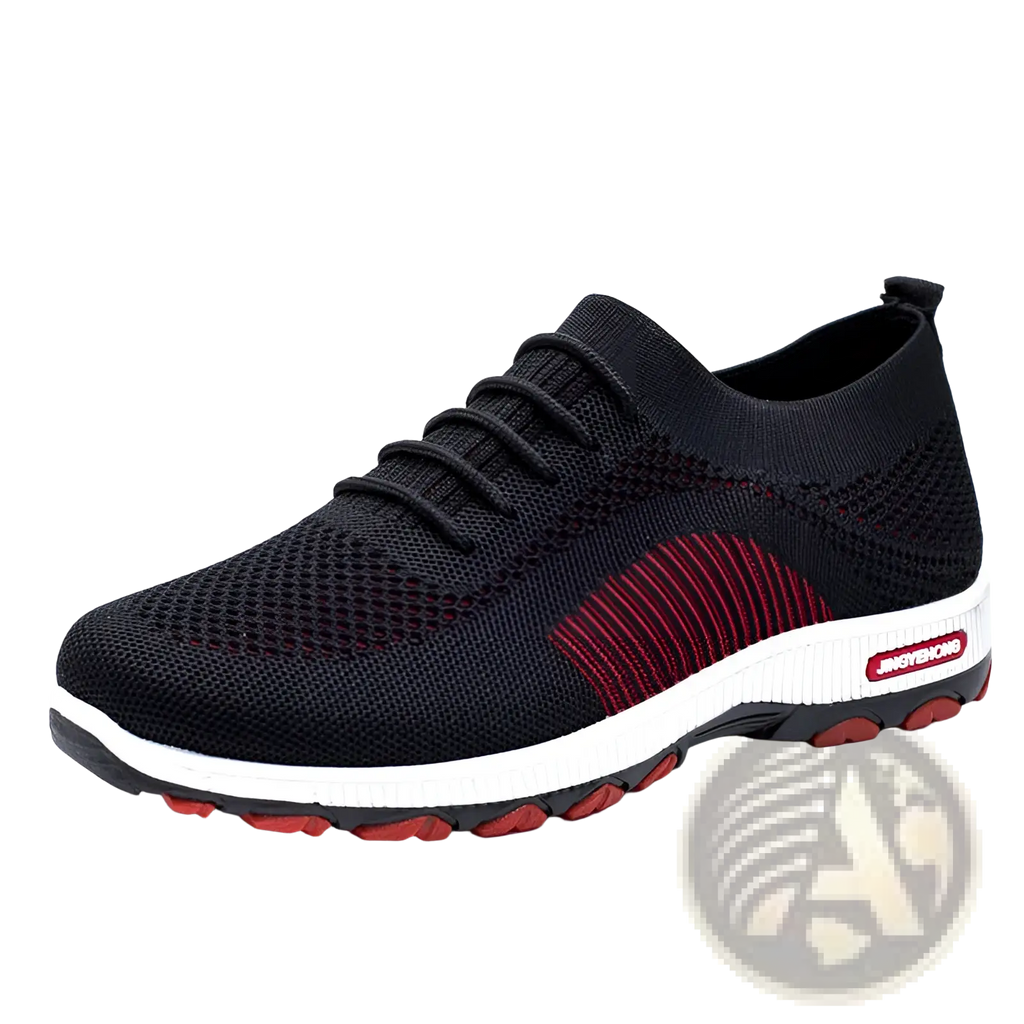 Men’s knit breathable leisure sports sneaker in black with red accent stripes and white midsole