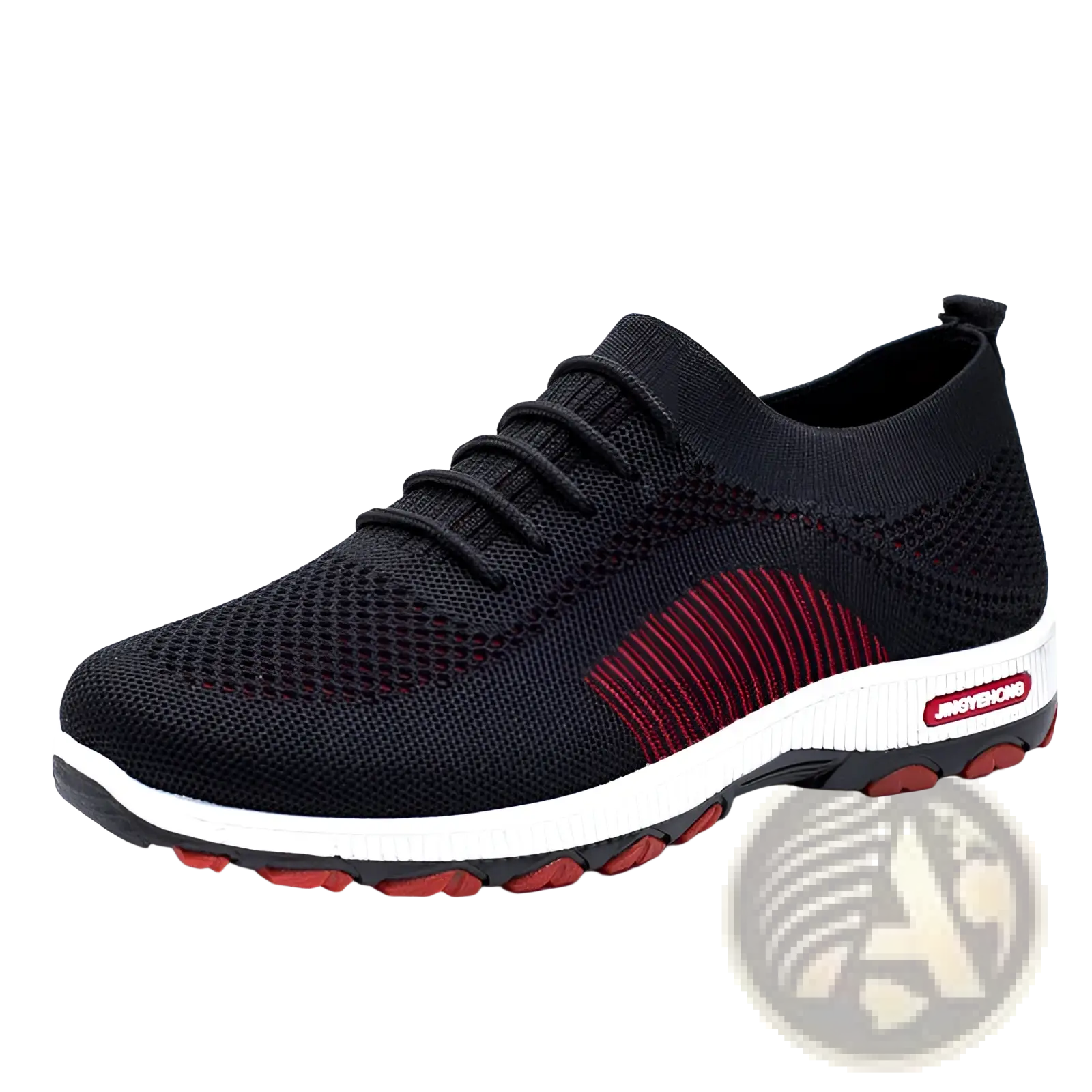 Men’s knit breathable leisure sports sneaker in black with red accent stripes and white midsole