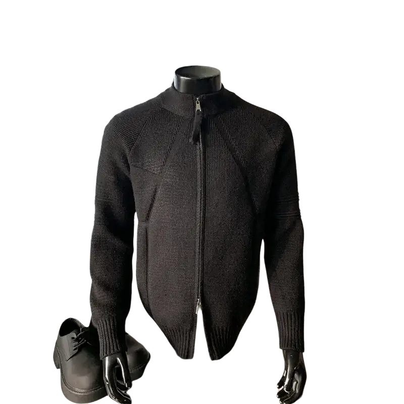 Black textured knit full zip mens cardigan sweater with ribbed cuffs hem available in size shoulder chest length