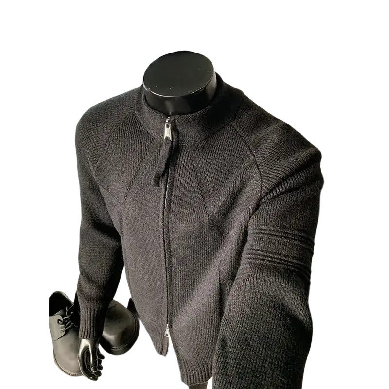 Mens knit cardigan sweater full zip in dark gray ribbed knit with high collar pullover size shoulder chest length