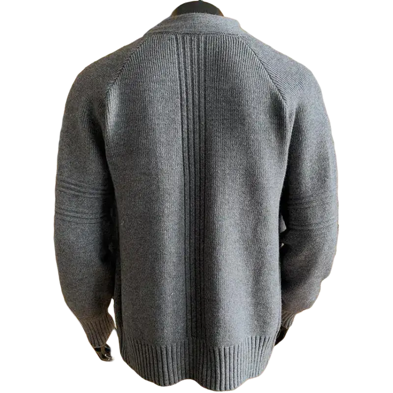 Gray ribbed knit cardigan sweater with full zip raglan sleeves and central seam available in m to 3xl size shoulder chest length